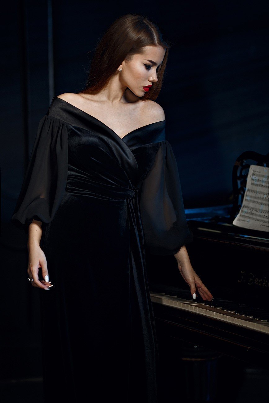 c57b4145-2 Velvet dress in the floor with open shoulders