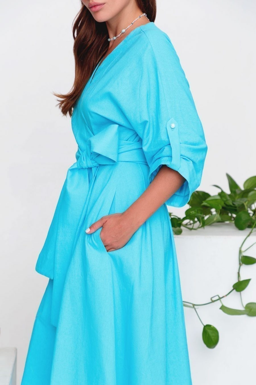 Linen dress on a wrap with pearls