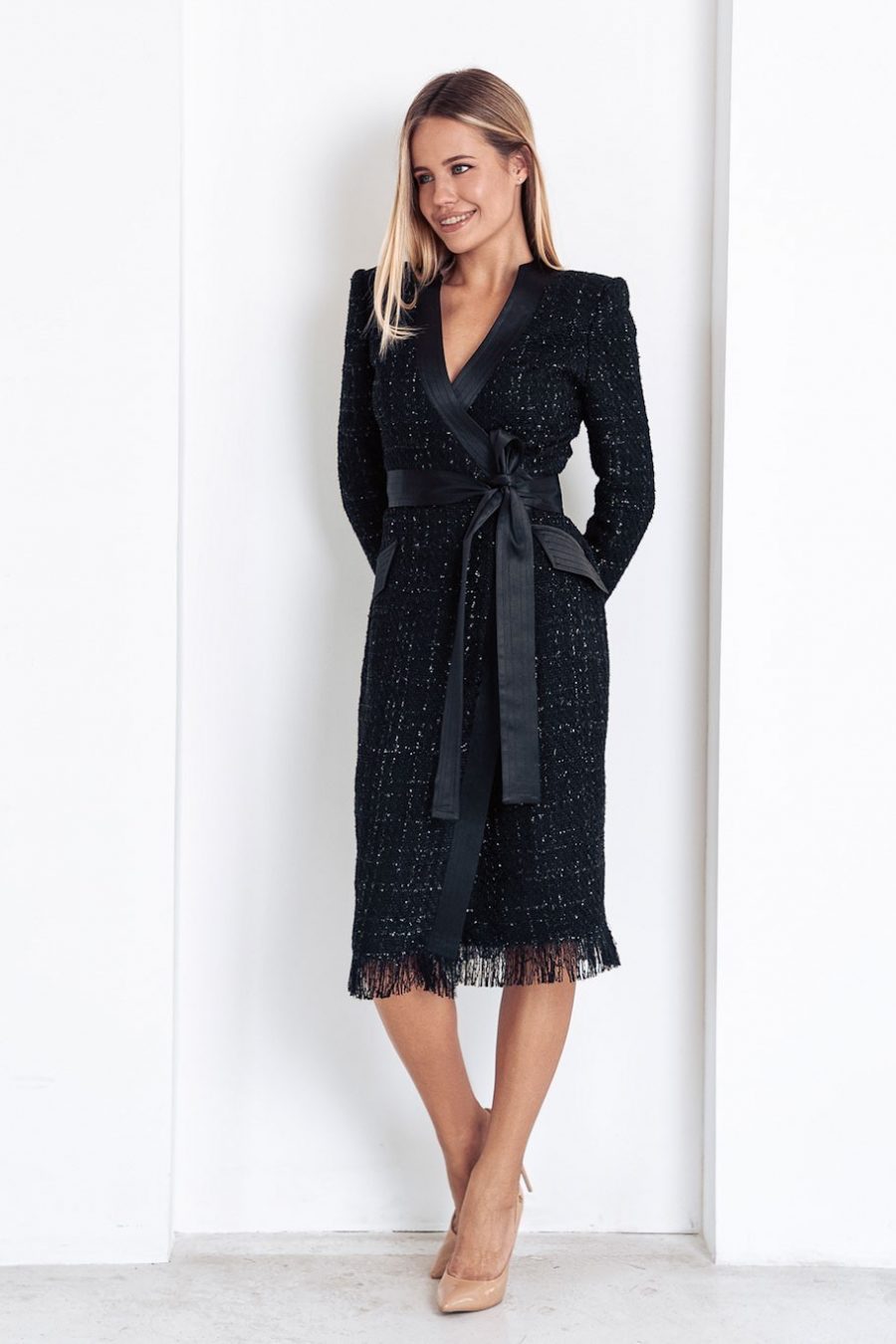 Tweed wraped dress with stitch