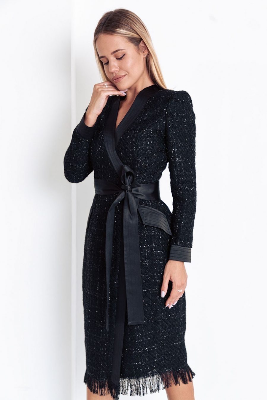 Tweed wraped dress with stitch