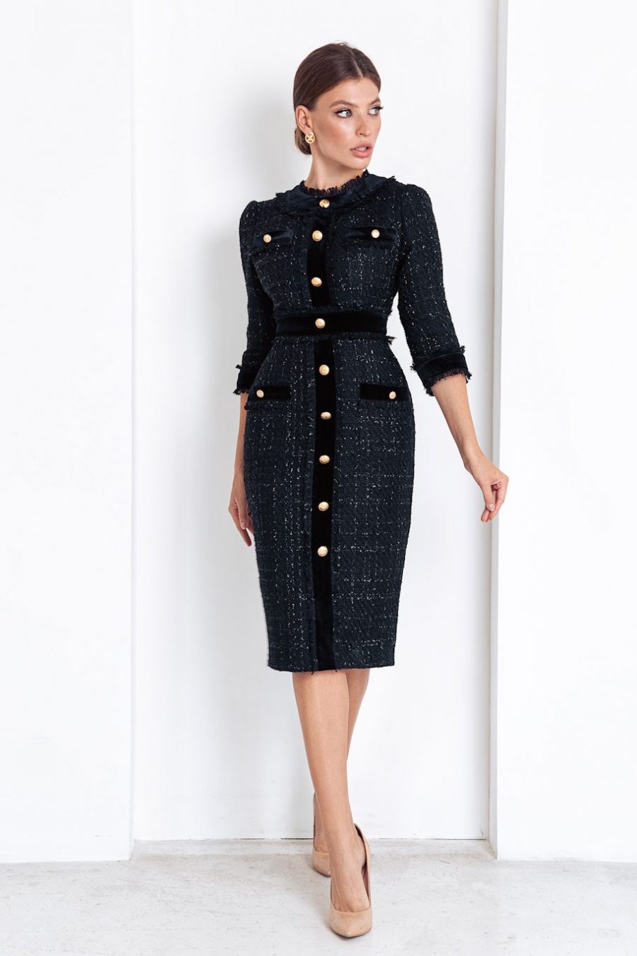 Tweed dress with pockets and fringe