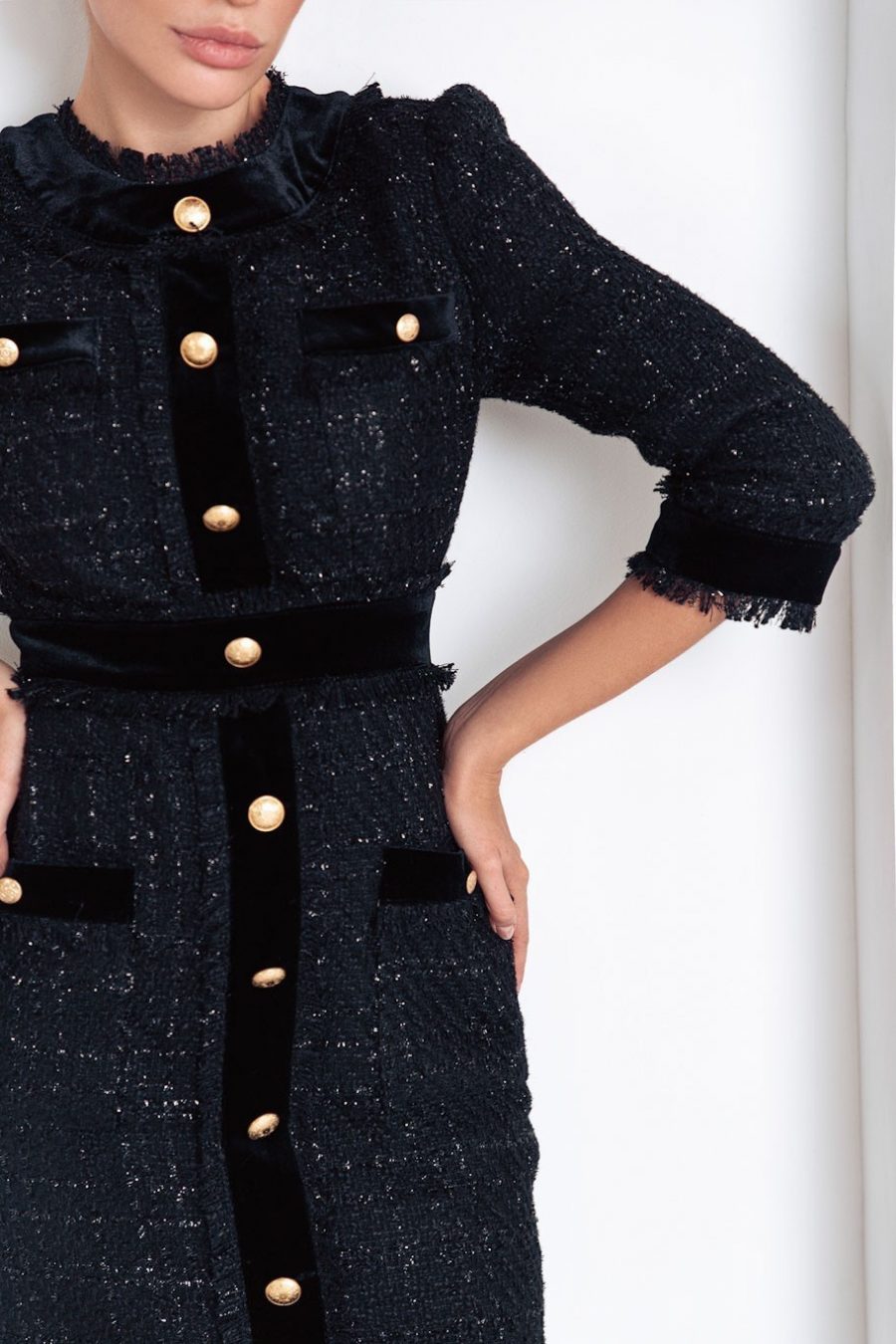 Tweed dress with pockets and fringe