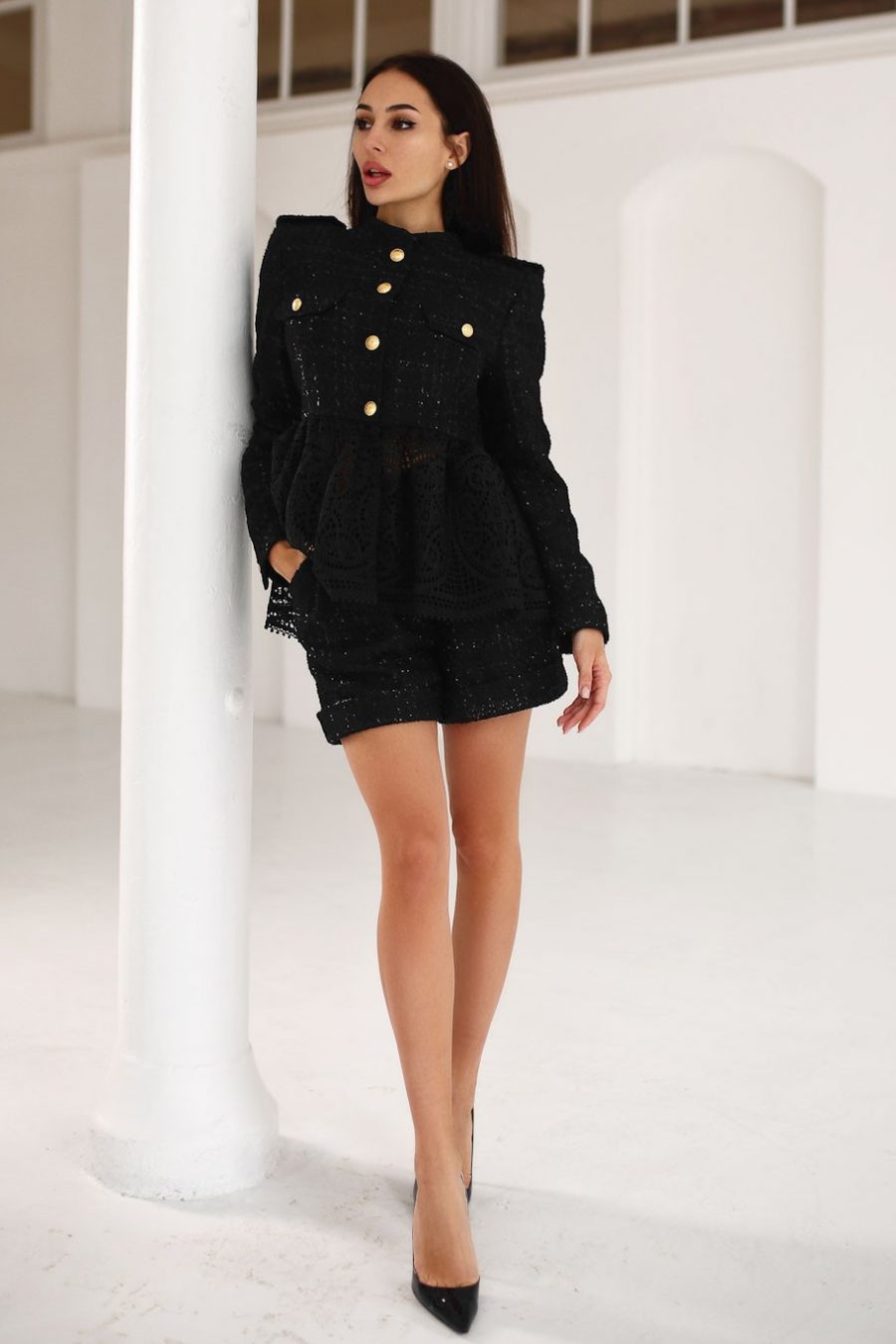 Tweed suit with lace shorts