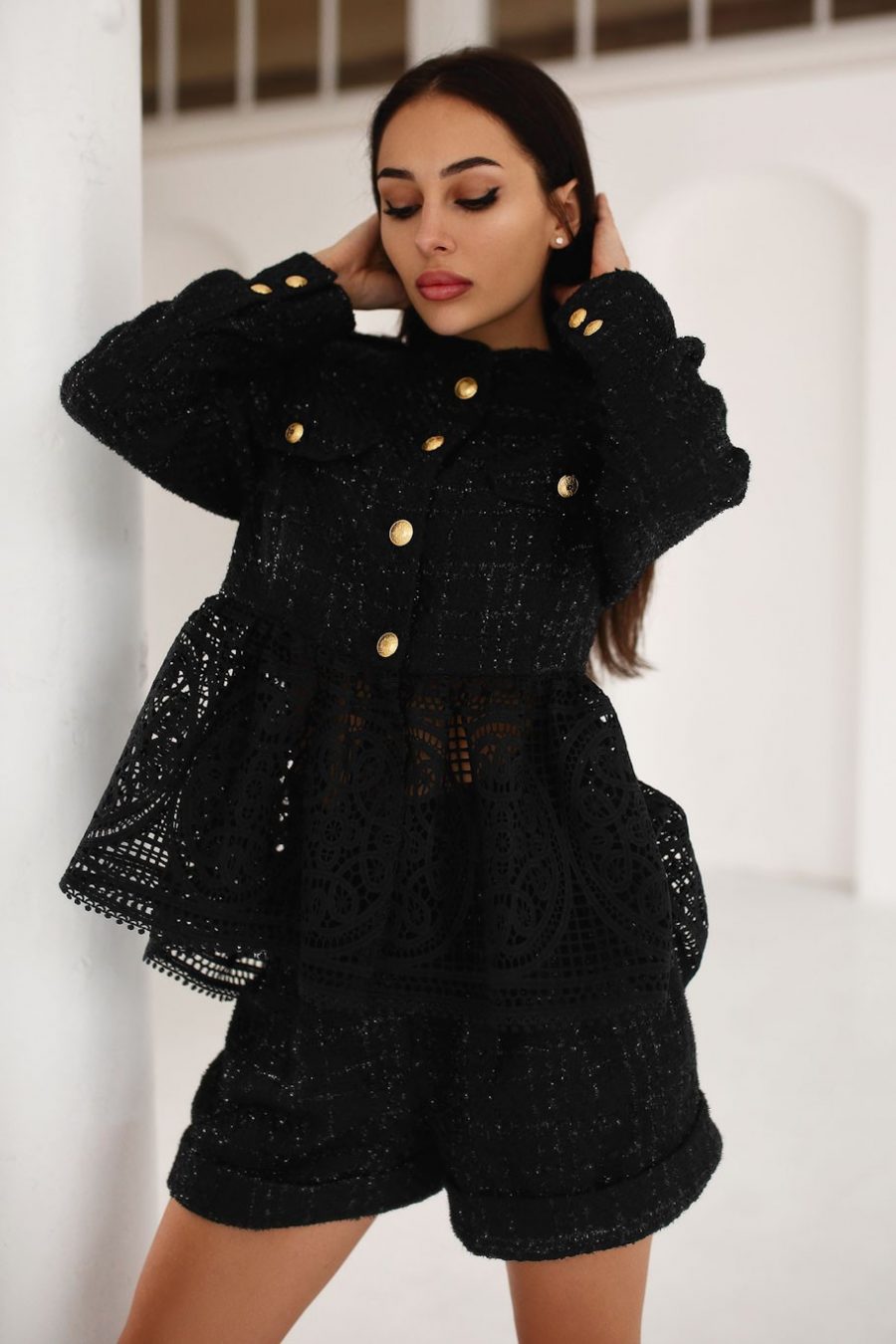 Tweed suit with lace shorts