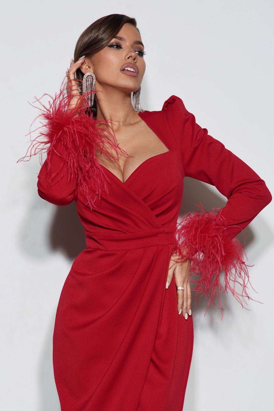 Draped wrap dress with feather sleeves