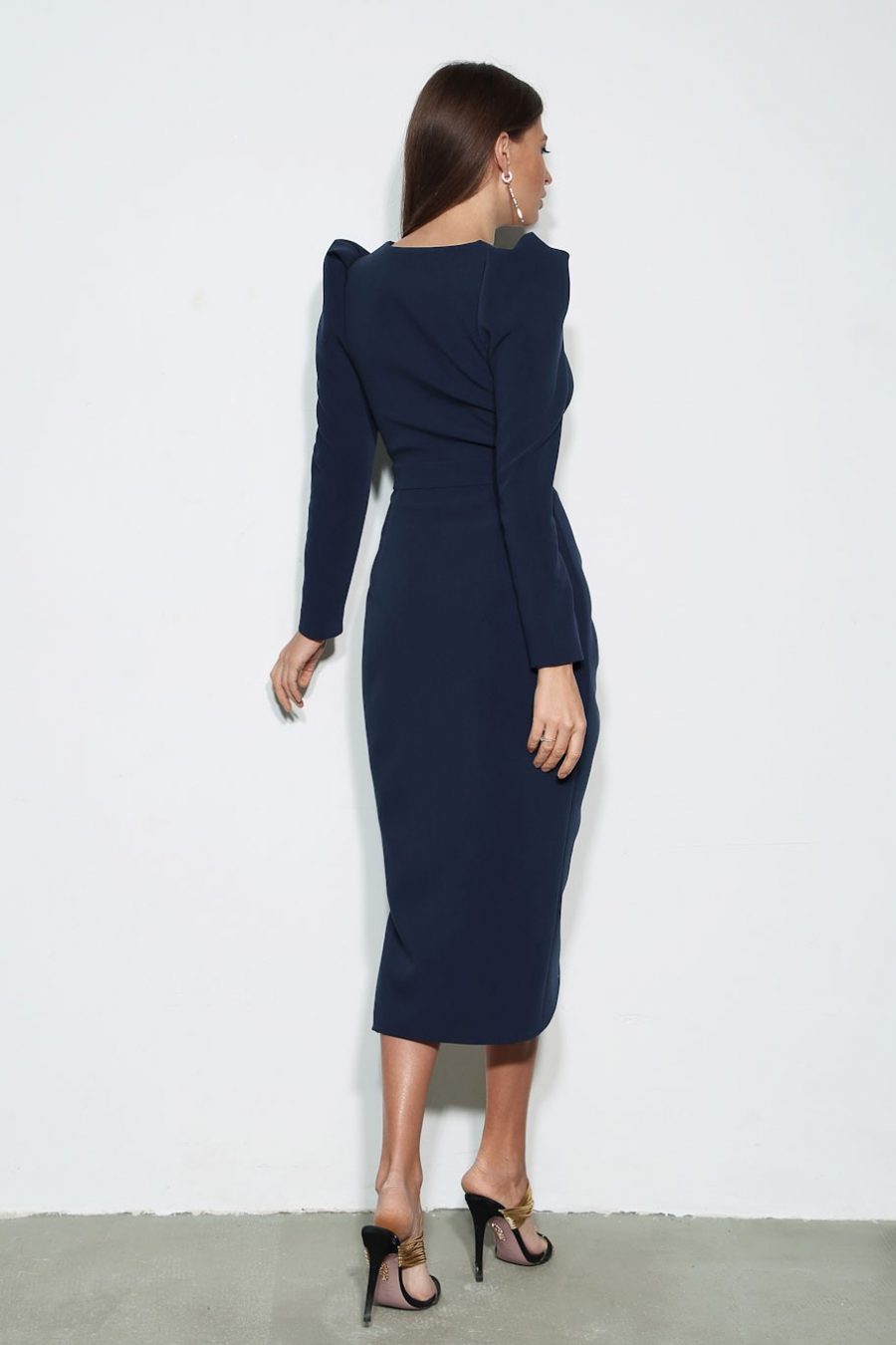 Draped wrap dress with feather sleeves