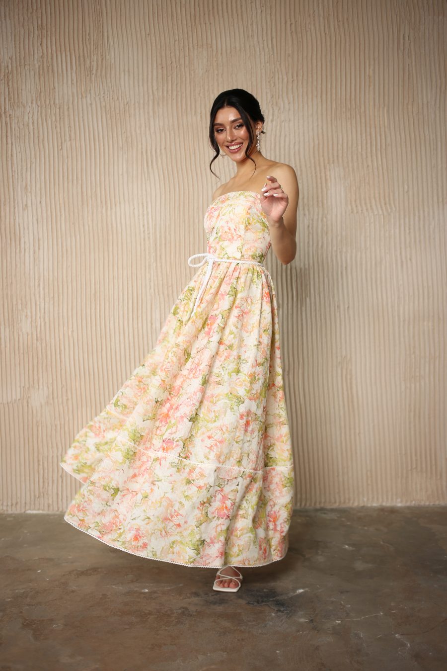 Bustier dress with lace, corset base, Italian linen with print