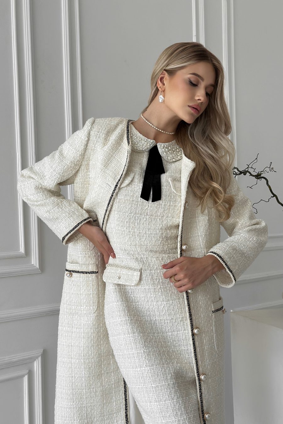 Tweed cardigan without collar, with patch pockets