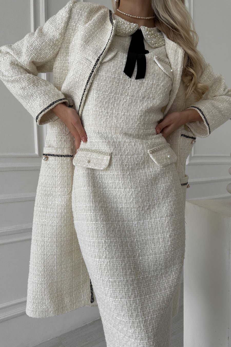 Tweed cardigan without collar, with patch pockets
