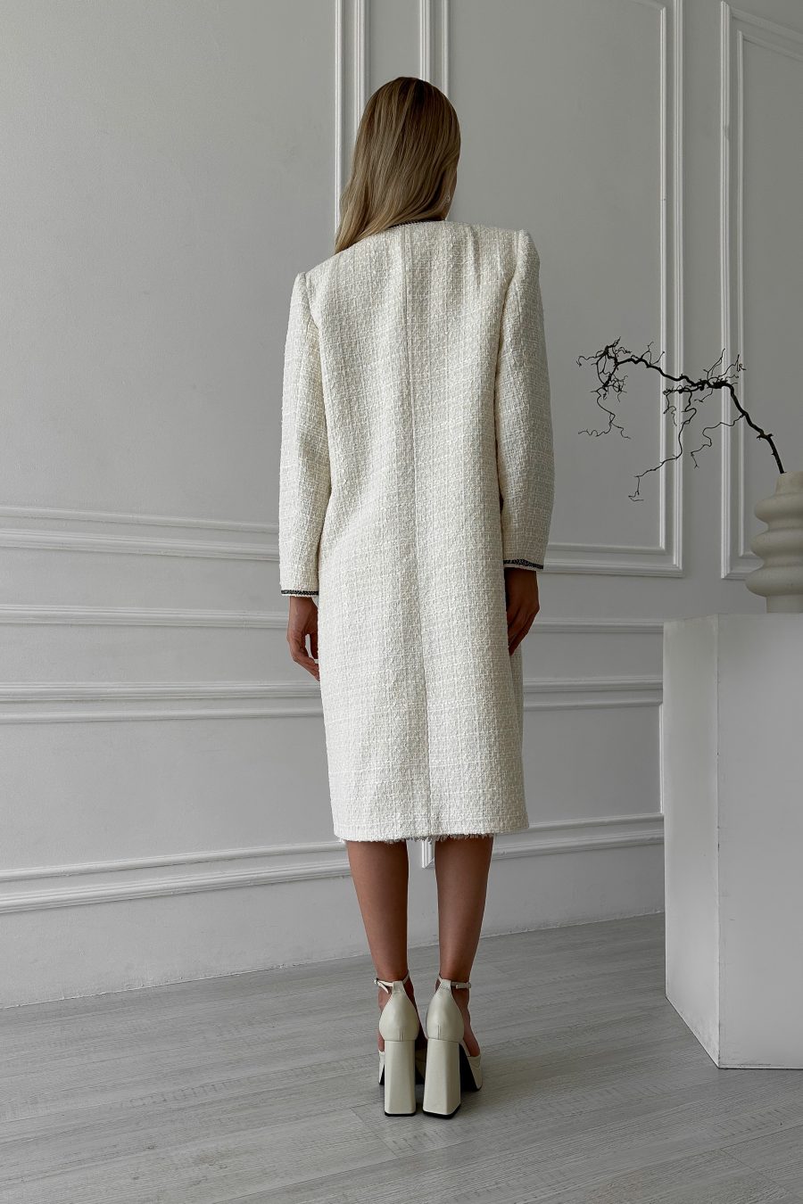 Tweed cardigan without collar, with patch pockets