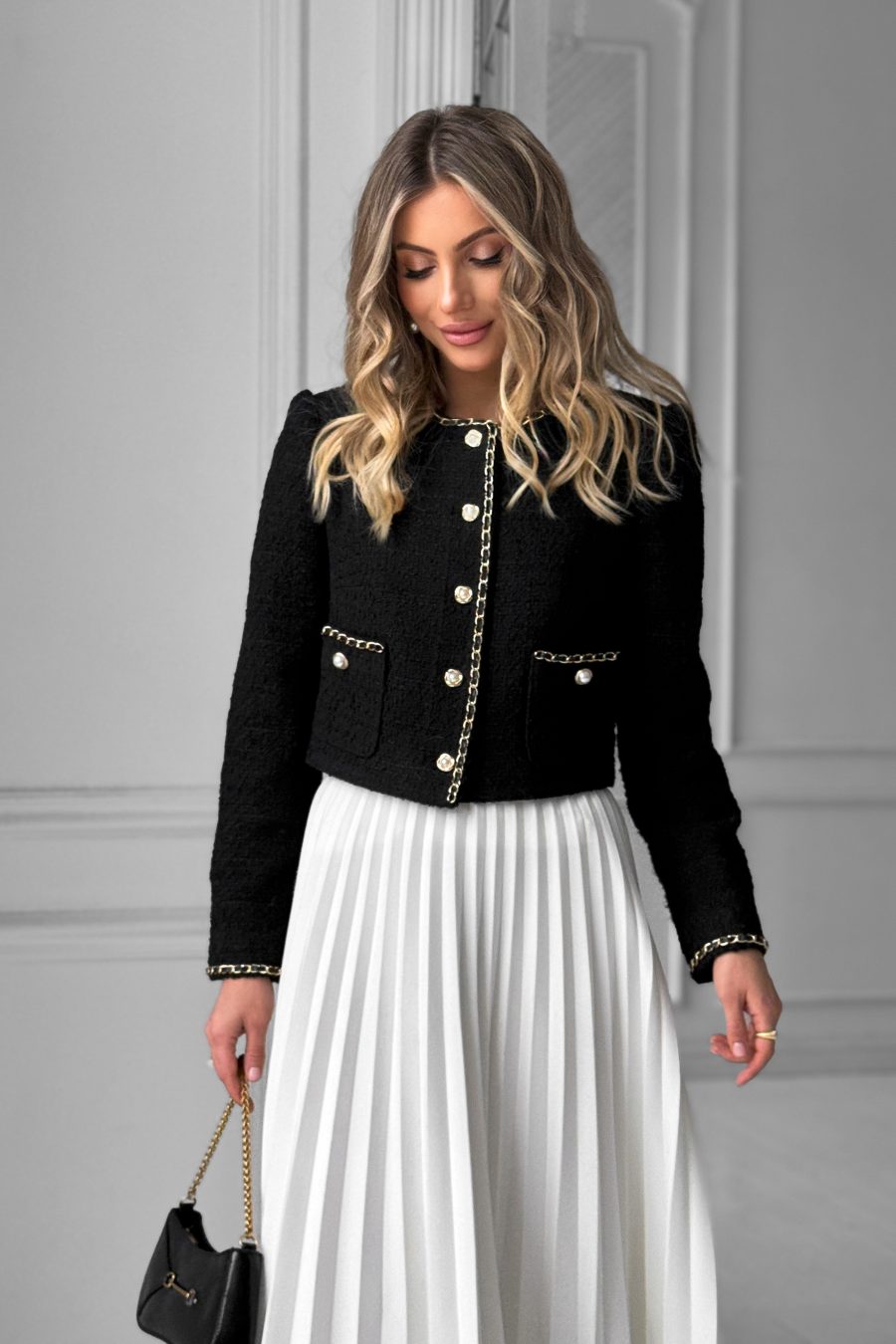 Cotton tweed jacket embroidered with decorative chain
