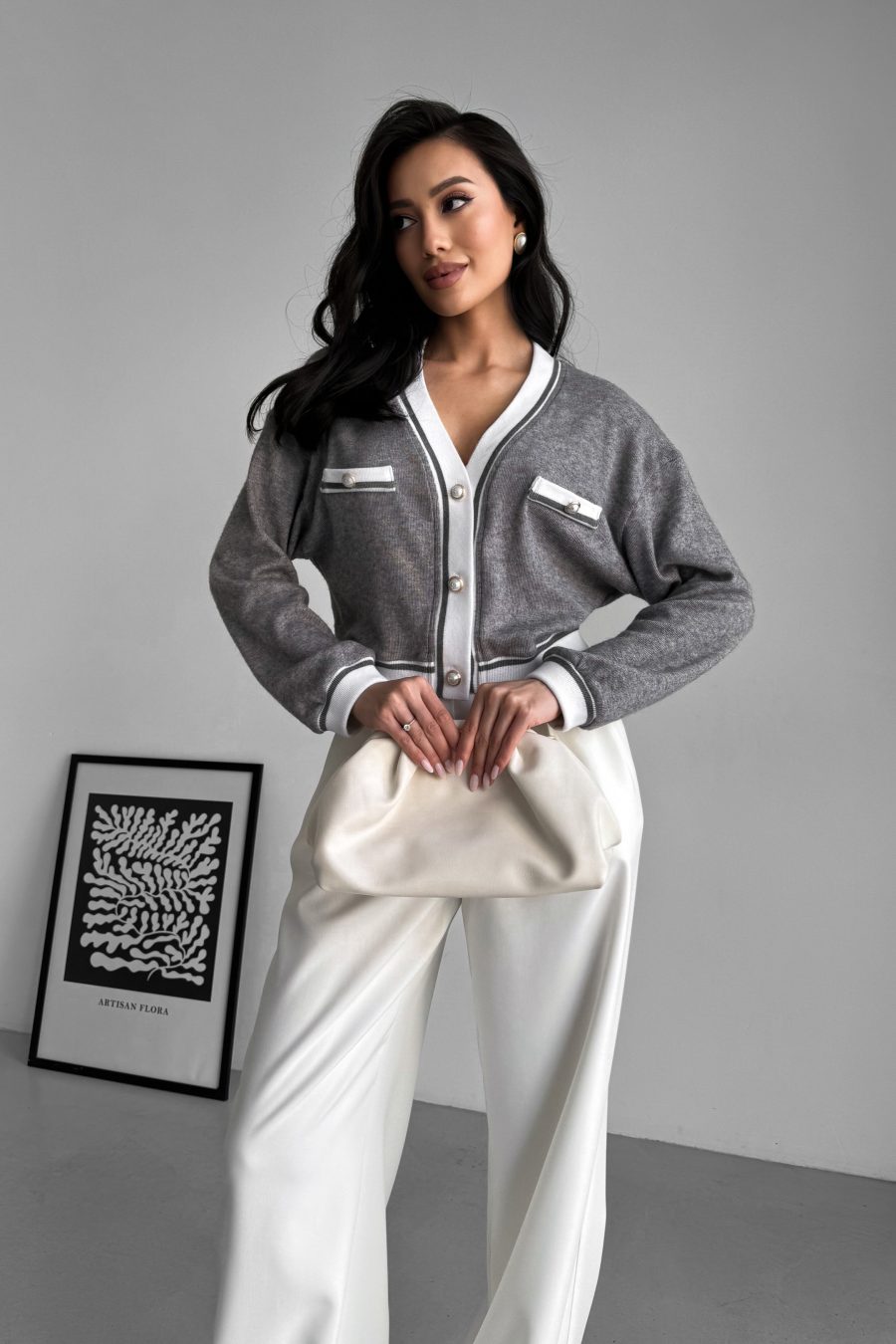 Knitted crop cardigan with contrast trim