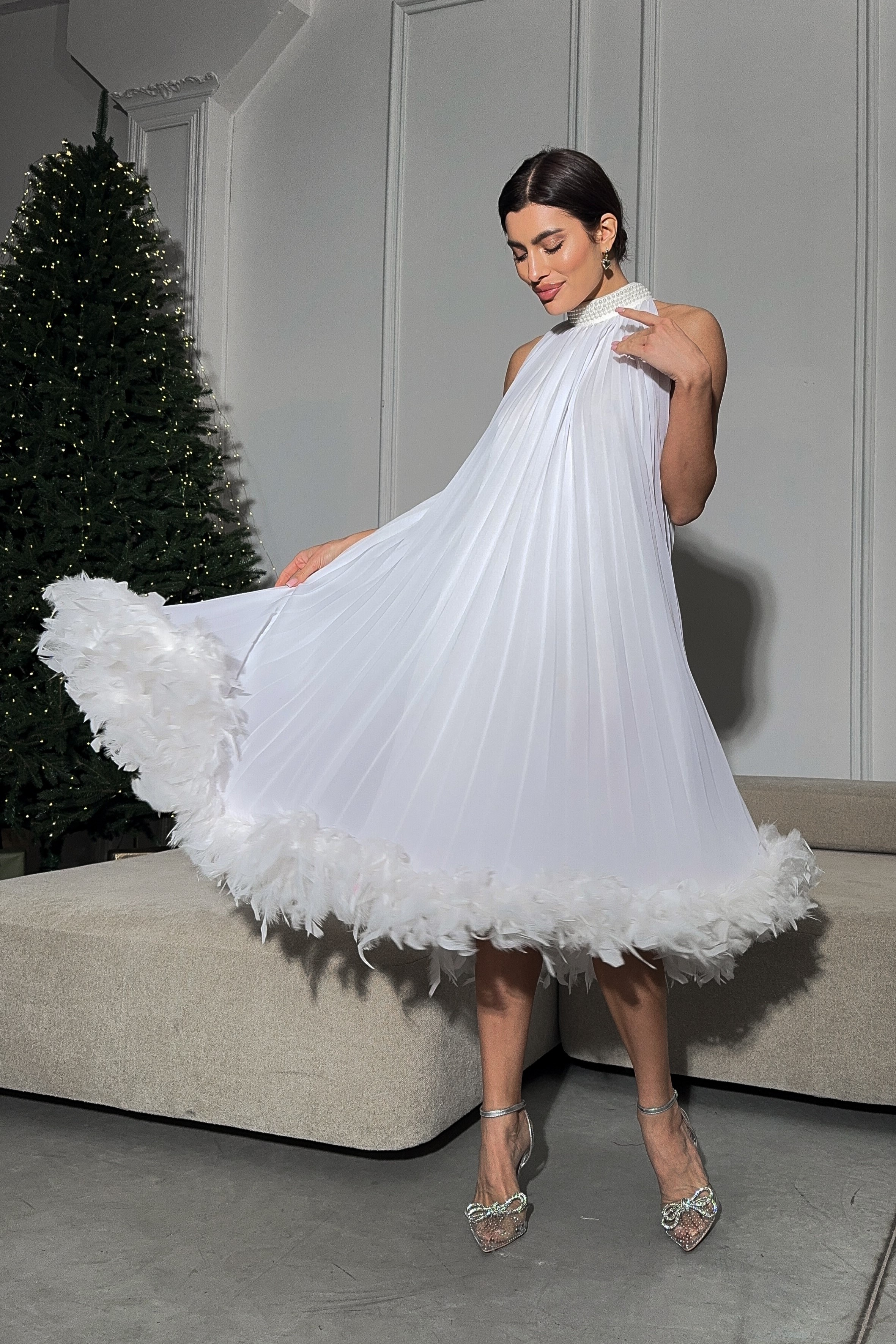 IMG_2376-2 Pleated midi dress with pearl stand-up collar and feathers at the bottom