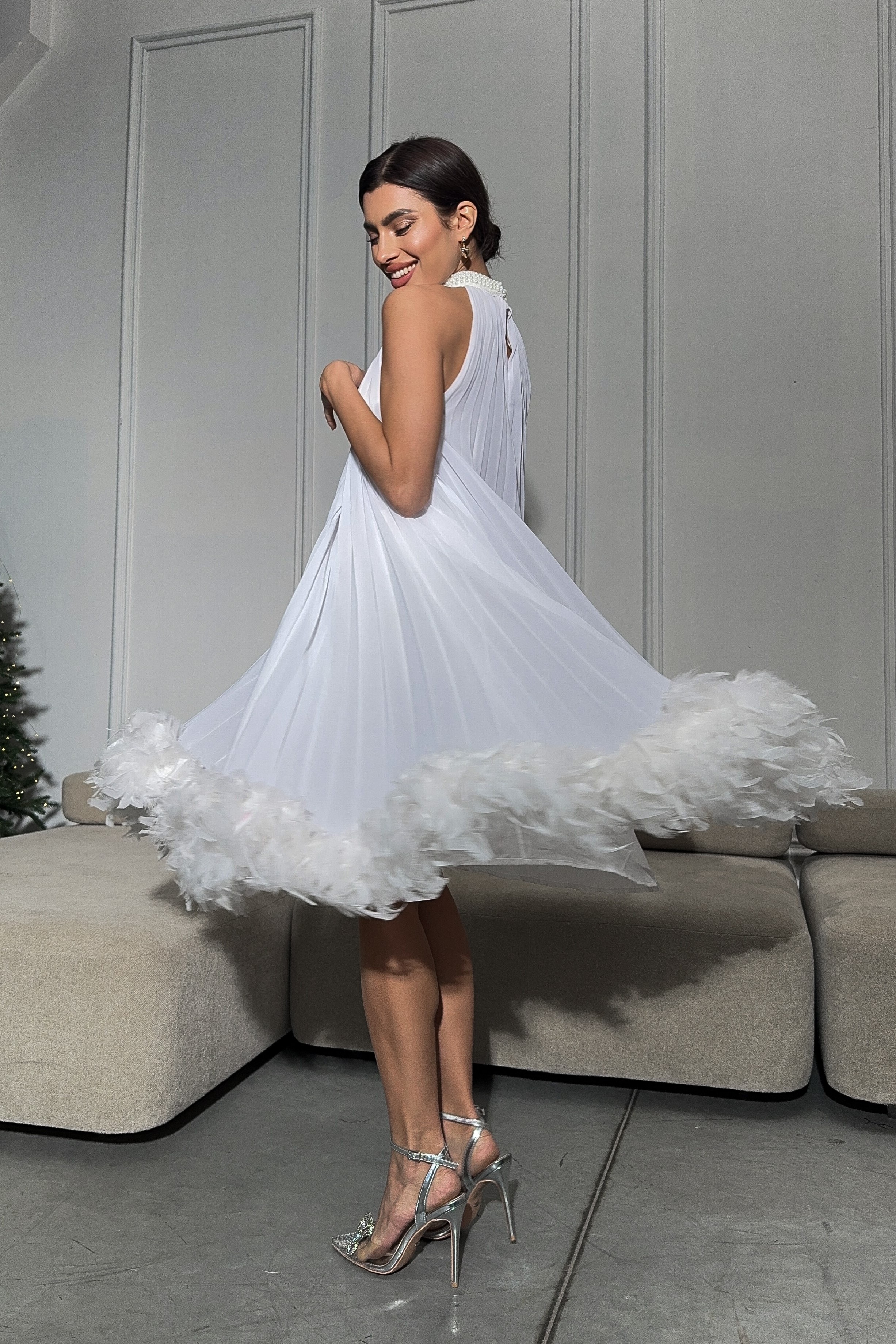 IMG_2377-2 Pleated midi dress with pearl stand-up collar and feathers at the bottom