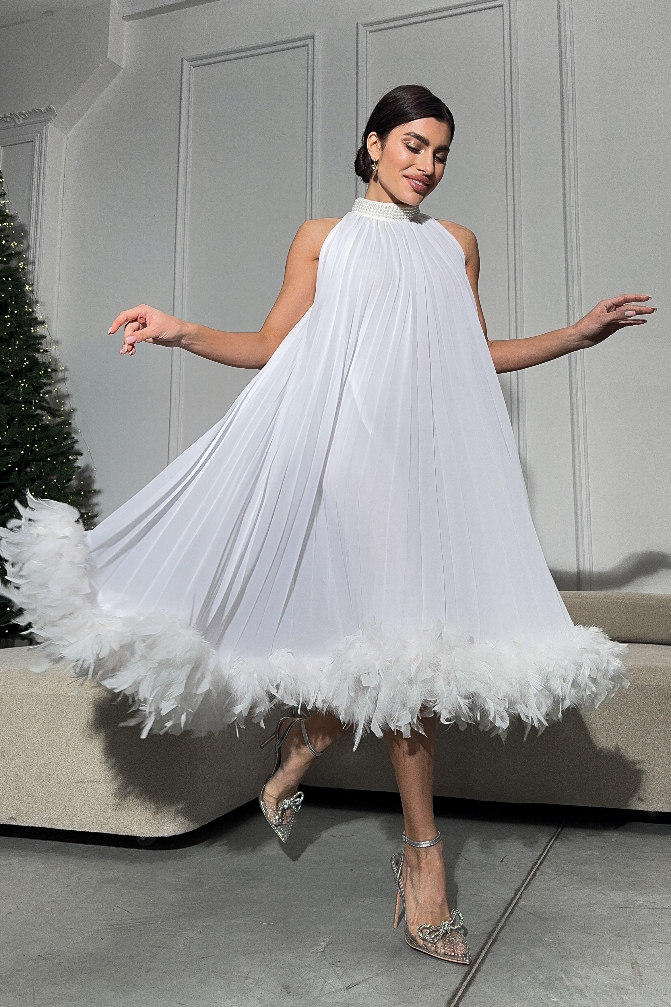 IMG_2378-2 Pleated midi dress with pearl stand-up collar and feathers at the bottom