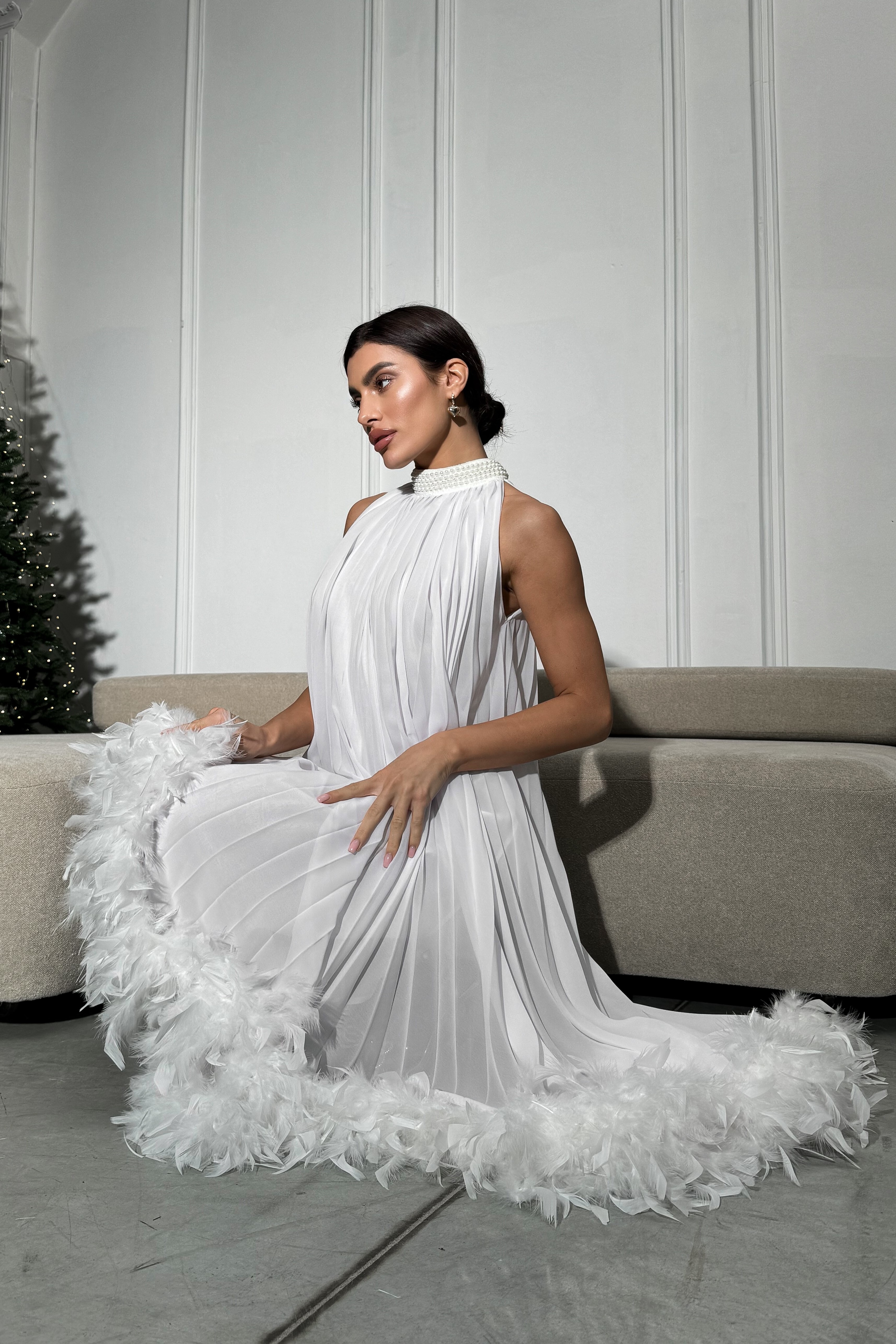 IMG_2382-2 Pleated midi dress with pearl stand-up collar and feathers at the bottom