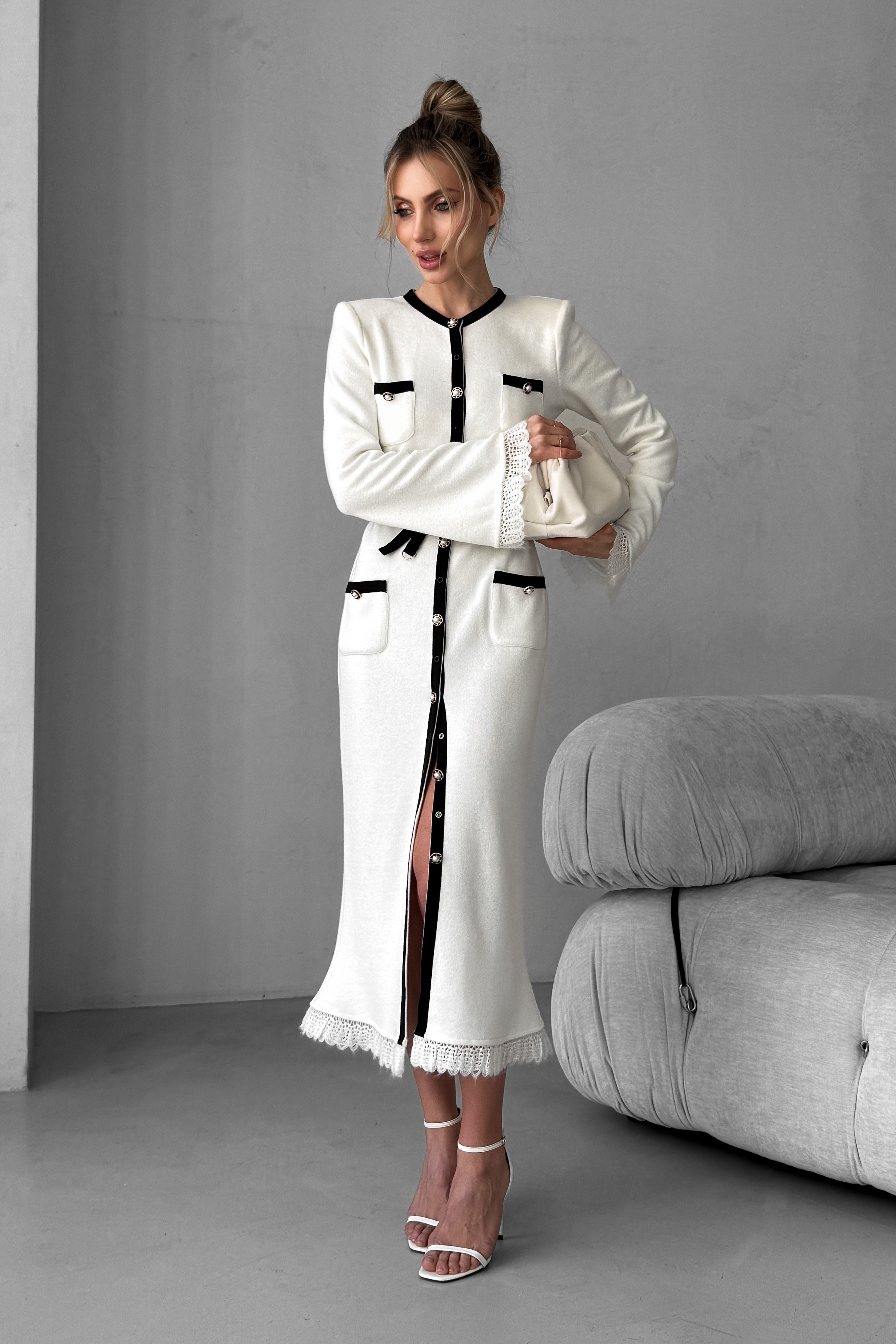 IMG_6934-2 Knitted midi dress with patch pockets, belted, contrast trim and pearls