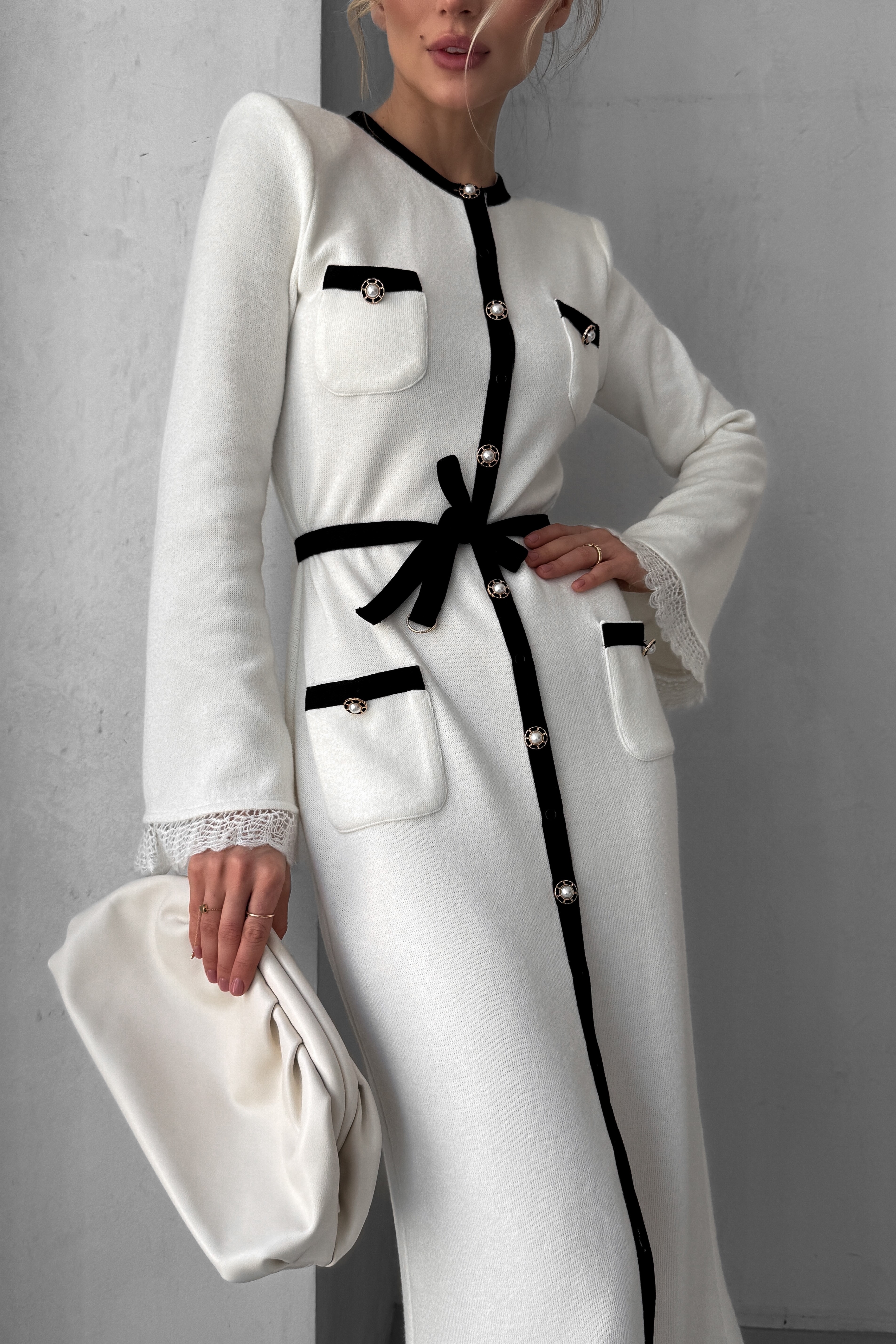 IMG_6947-2 Knitted midi dress with patch pockets, belted, contrast trim and pearls