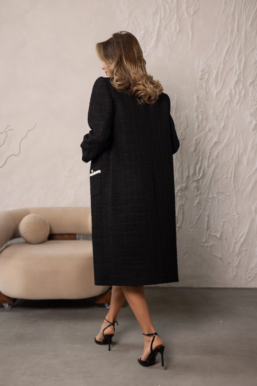Tweed cardigan without collar, with patch pockets