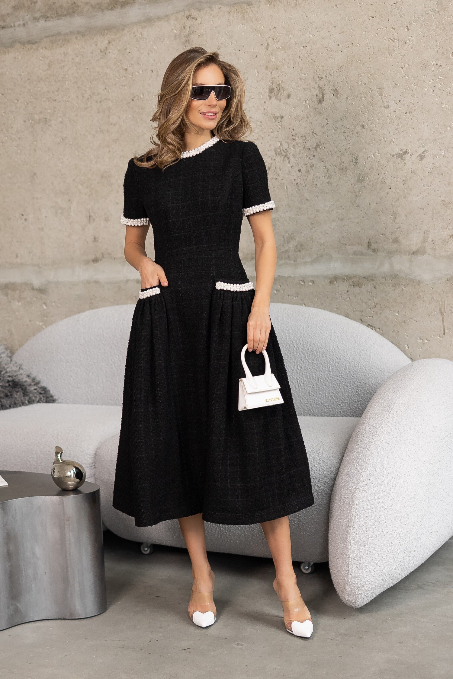 027A0350-2 Tweed midi dress with a fluffy skirt, with pockets, embroidered with pearls