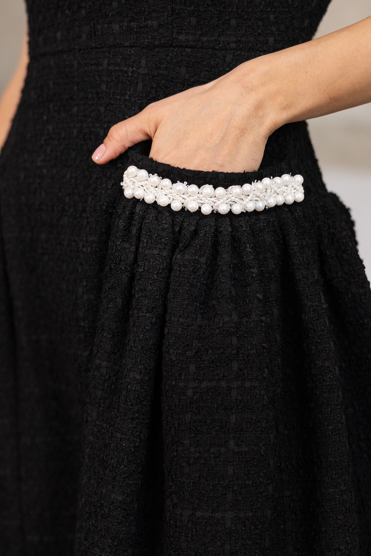 027A0355-2 Tweed midi dress with a fluffy skirt, with pockets, embroidered with pearls