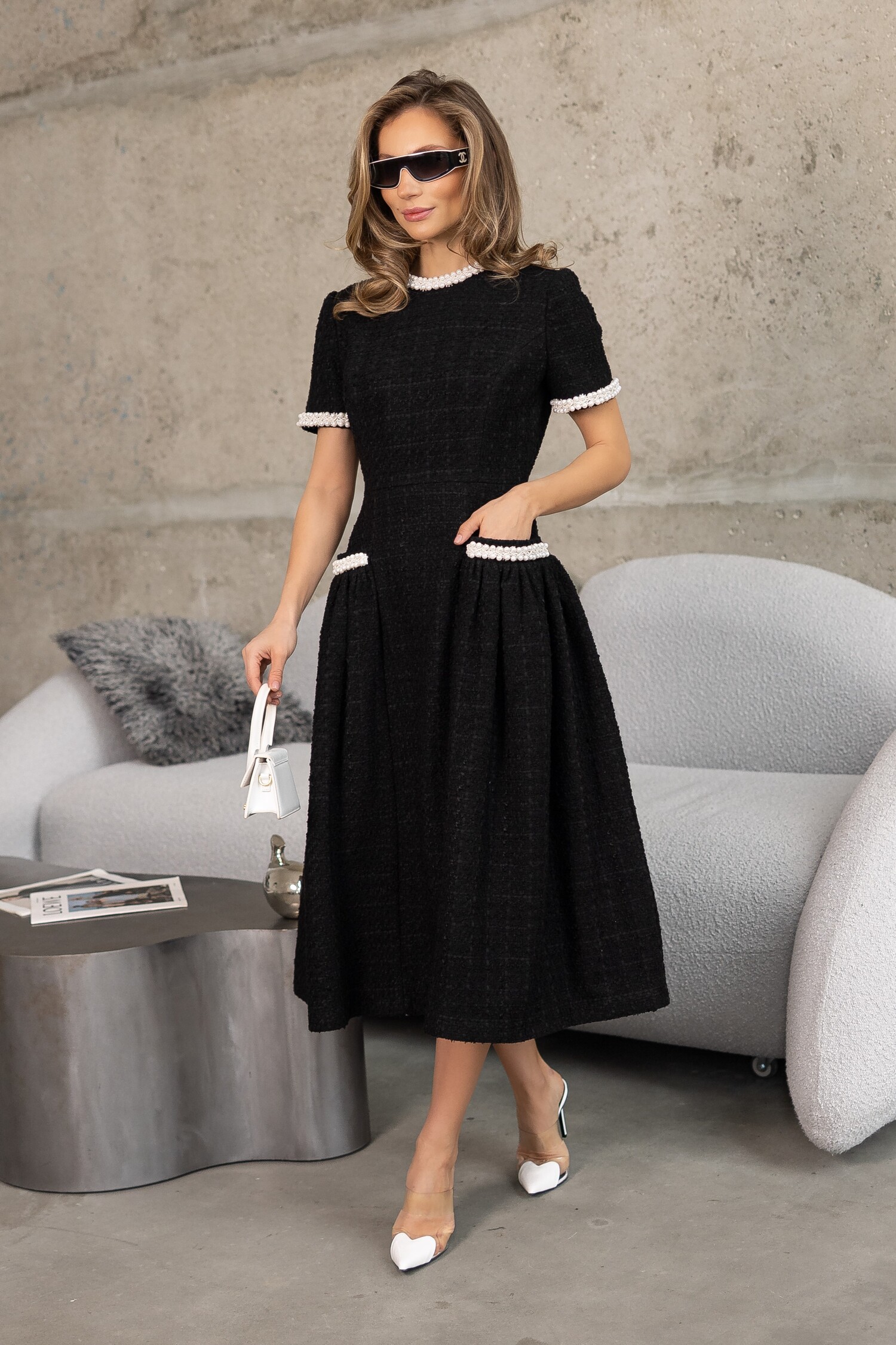 027A0364-2 Tweed midi dress with a fluffy skirt, with pockets, embroidered with pearls