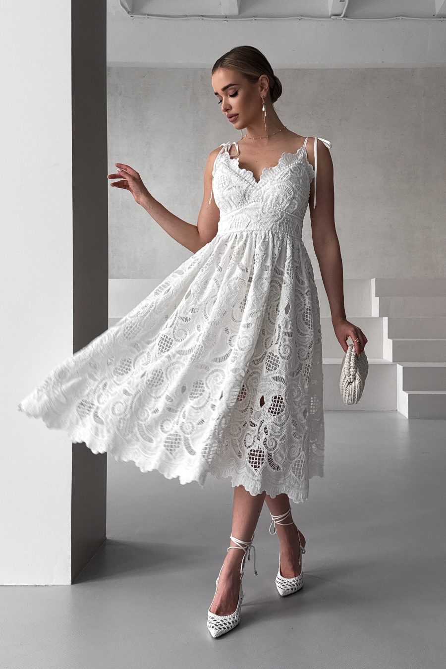 Cotton sarafan with embroidery White Lilies, on thin straps, with pearls