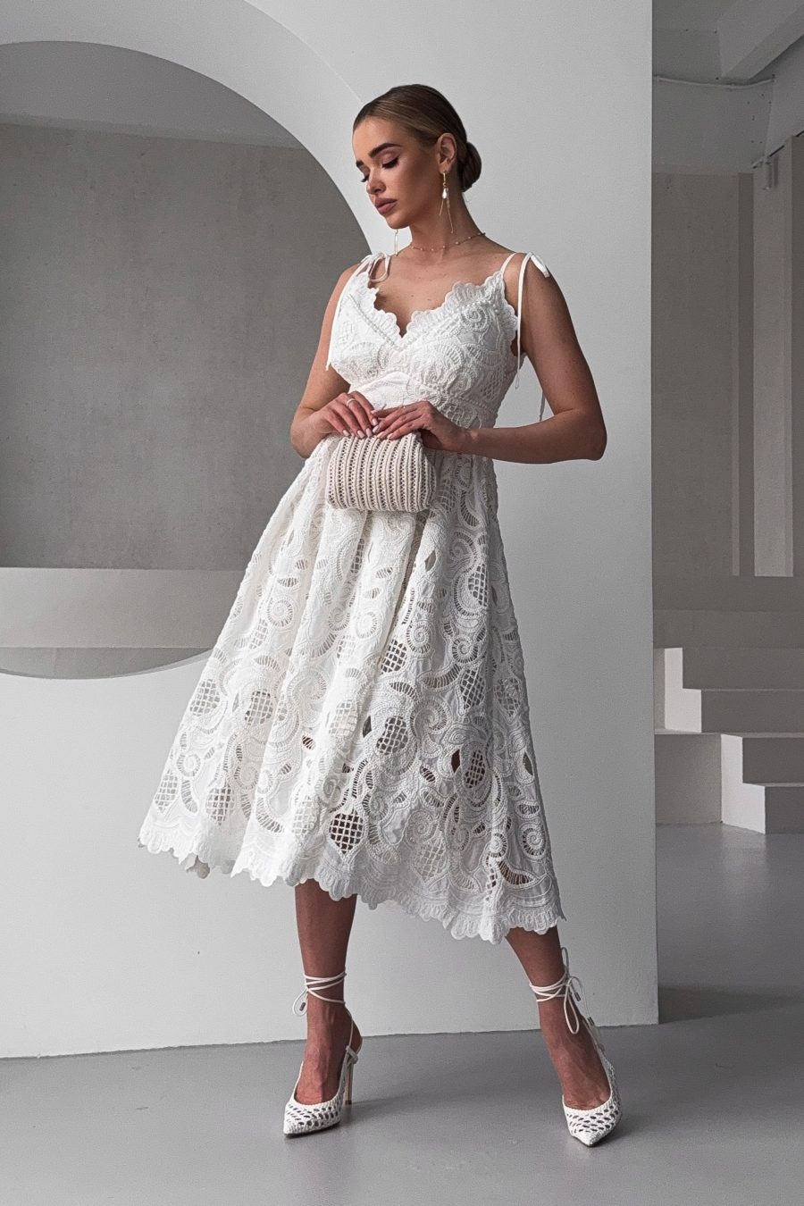 Cotton sarafan with embroidery White Lilies, on thin straps, with pearls