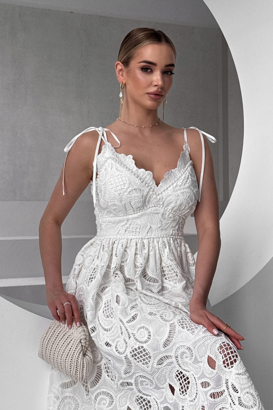 Cotton sarafan with embroidery White Lilies, on thin straps, with pearls