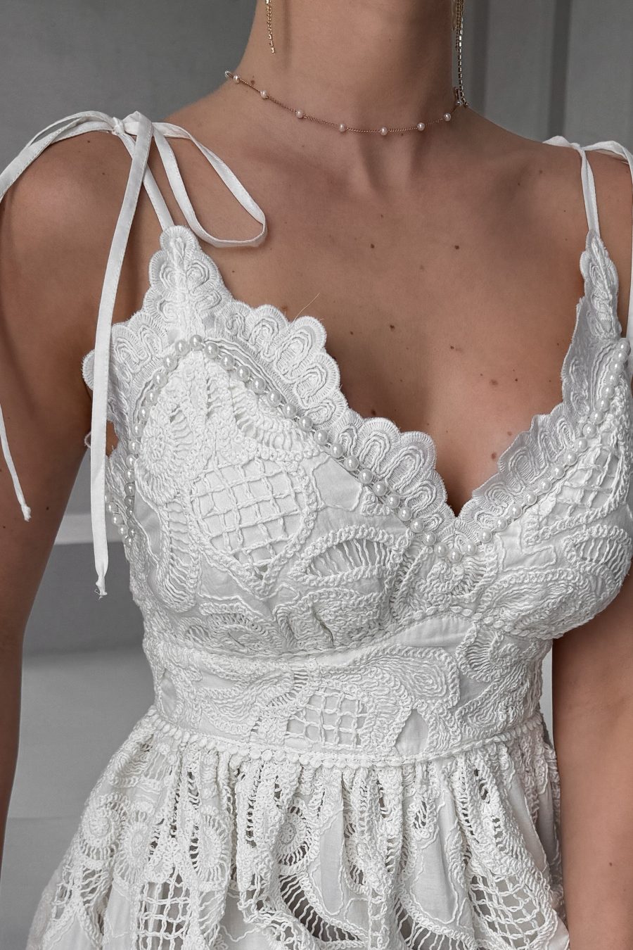 Cotton sarafan with embroidery White Lilies, on thin straps, with pearls