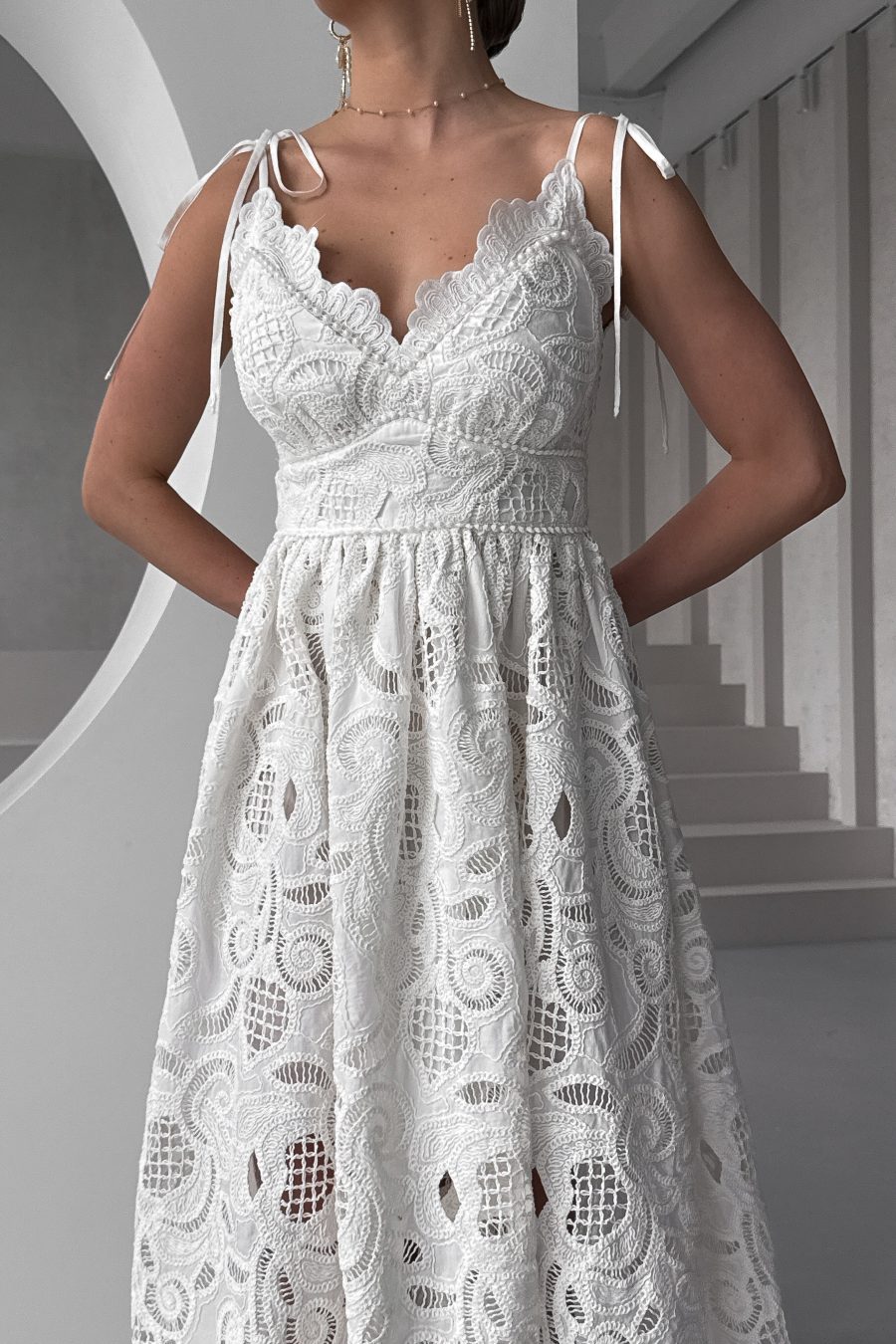 Cotton sarafan with embroidery White Lilies, on thin straps, with pearls