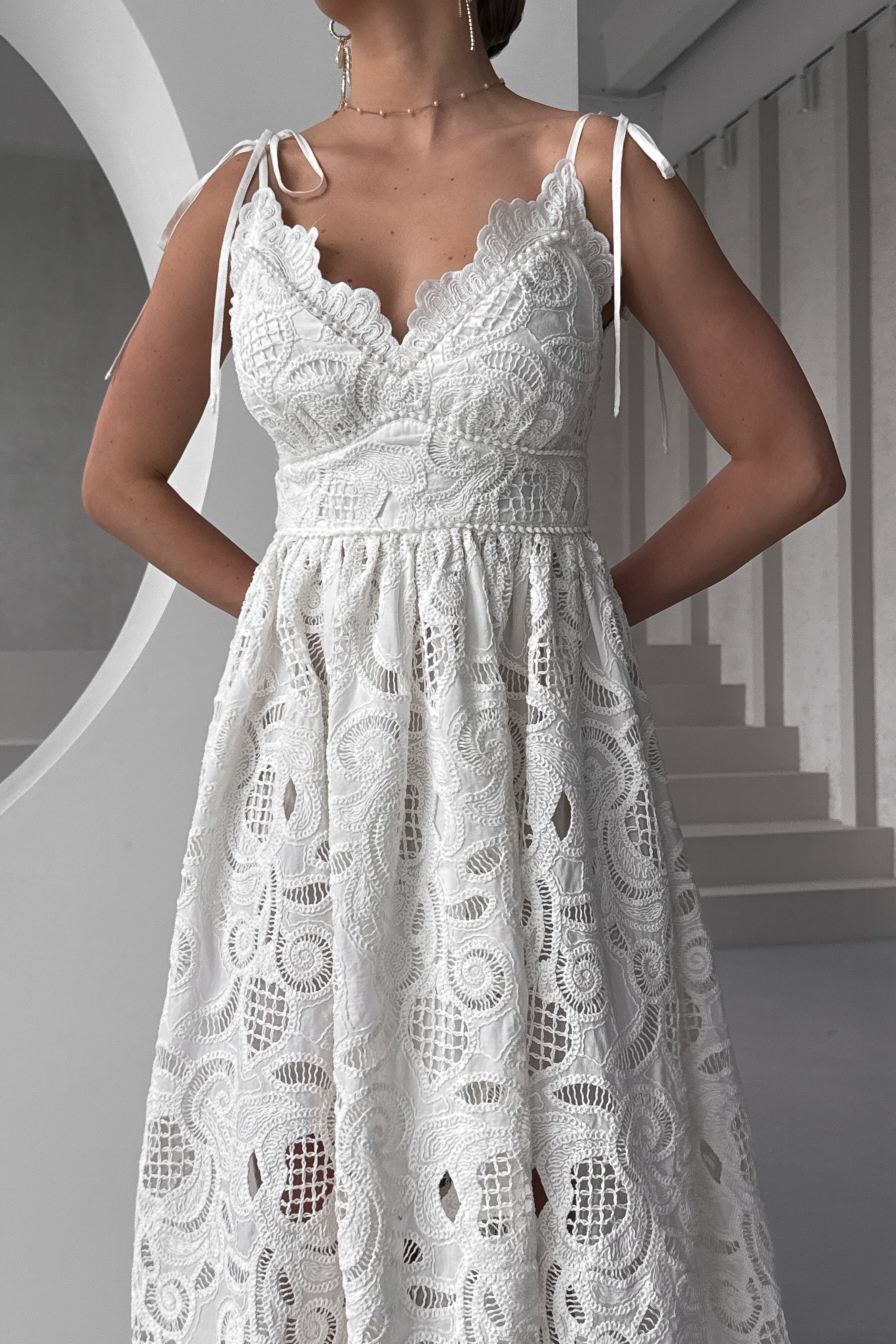 IMG_6791-2 Cotton sarafan with embroidery White Lilies, on thin straps, with pearls