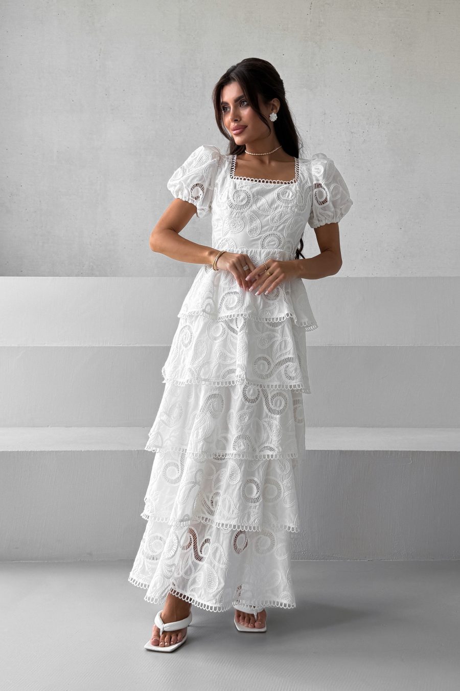 Cotton Long Dress Tiered Infinity Embroidery