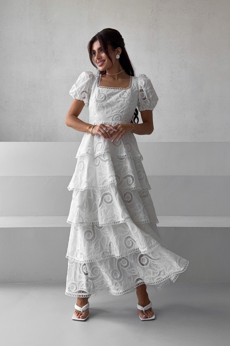 Cotton Long Dress Tiered Infinity Embroidery