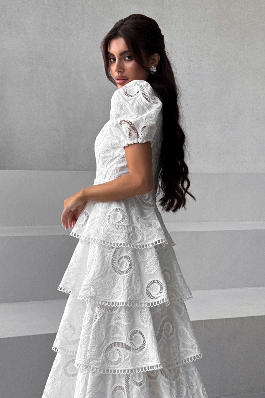 Cotton Long Dress Tiered Infinity Embroidery