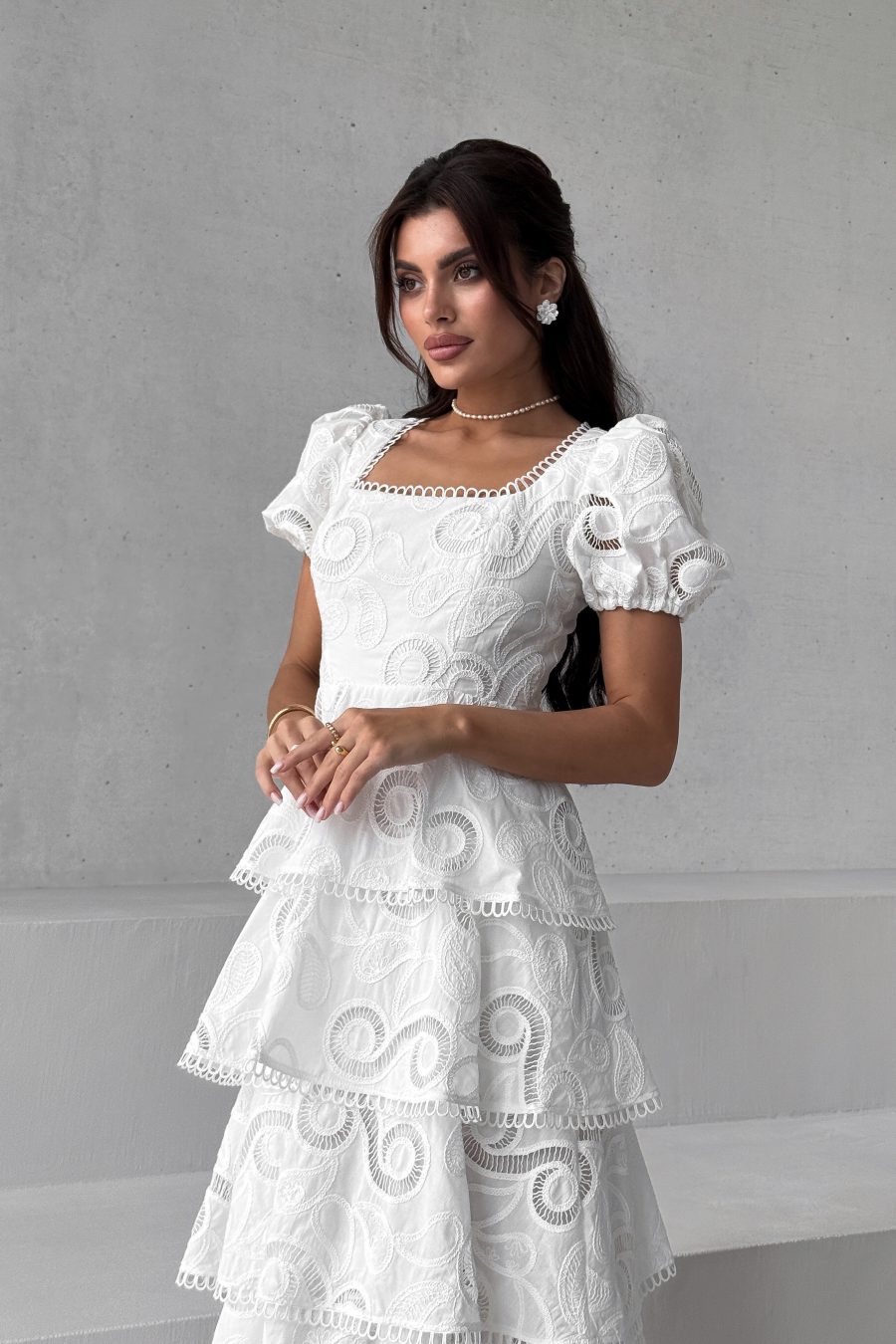 Cotton Long Dress Tiered Infinity Embroidery