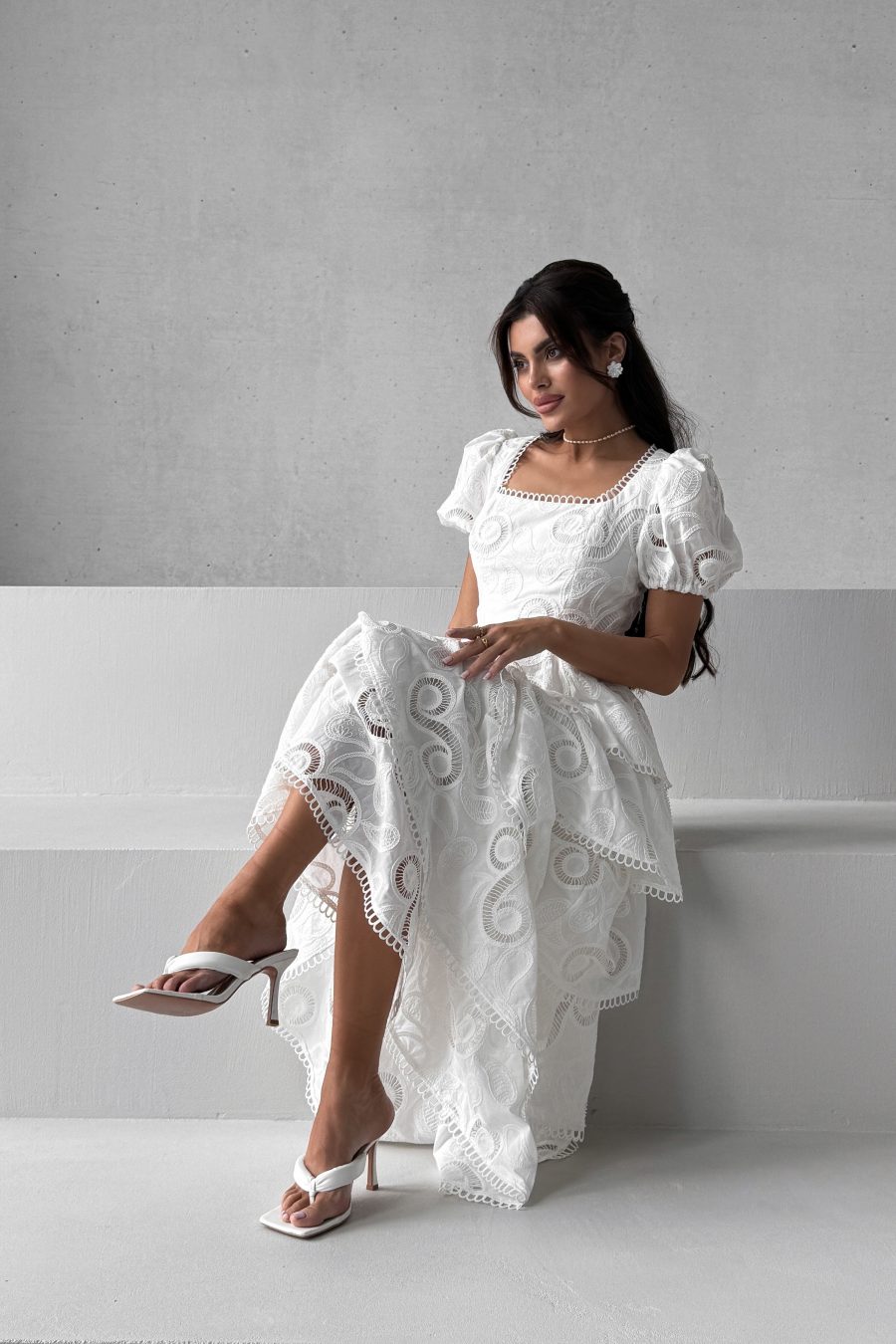 Cotton Long Dress Tiered Infinity Embroidery