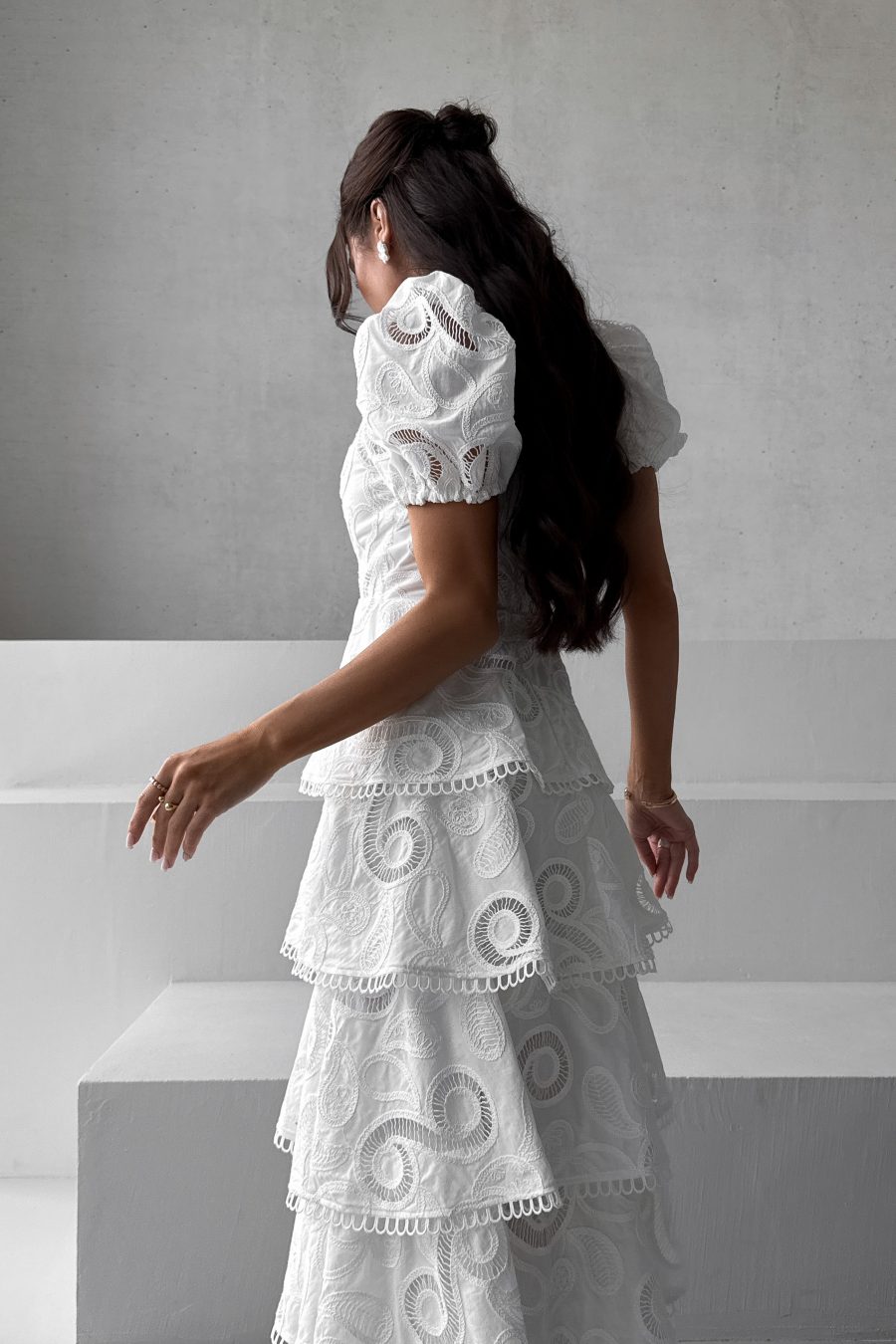 Cotton Long Dress Tiered Infinity Embroidery