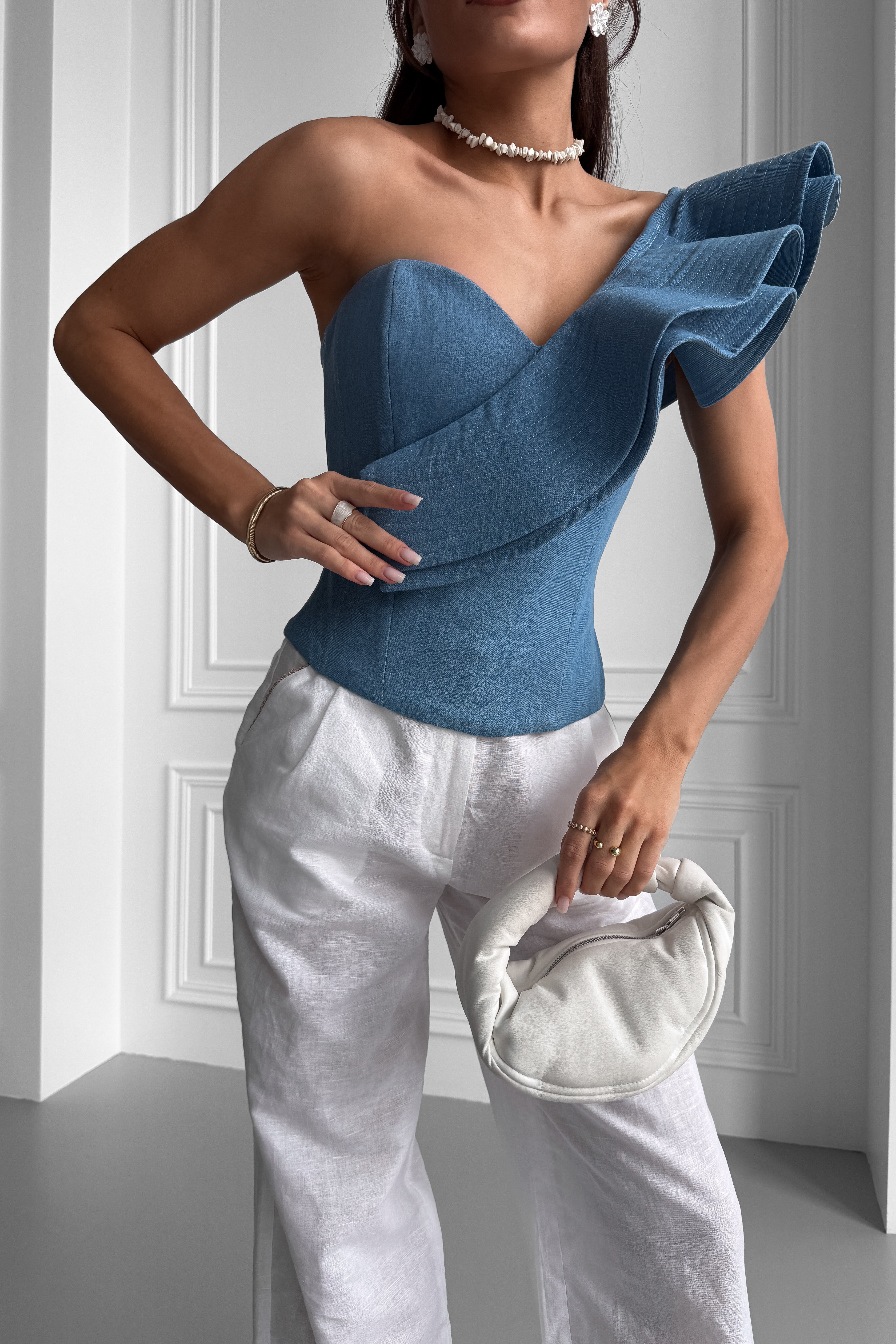 IMG_1013-2 Denim Corset with Lace-Up, One Shoulder Ruffle