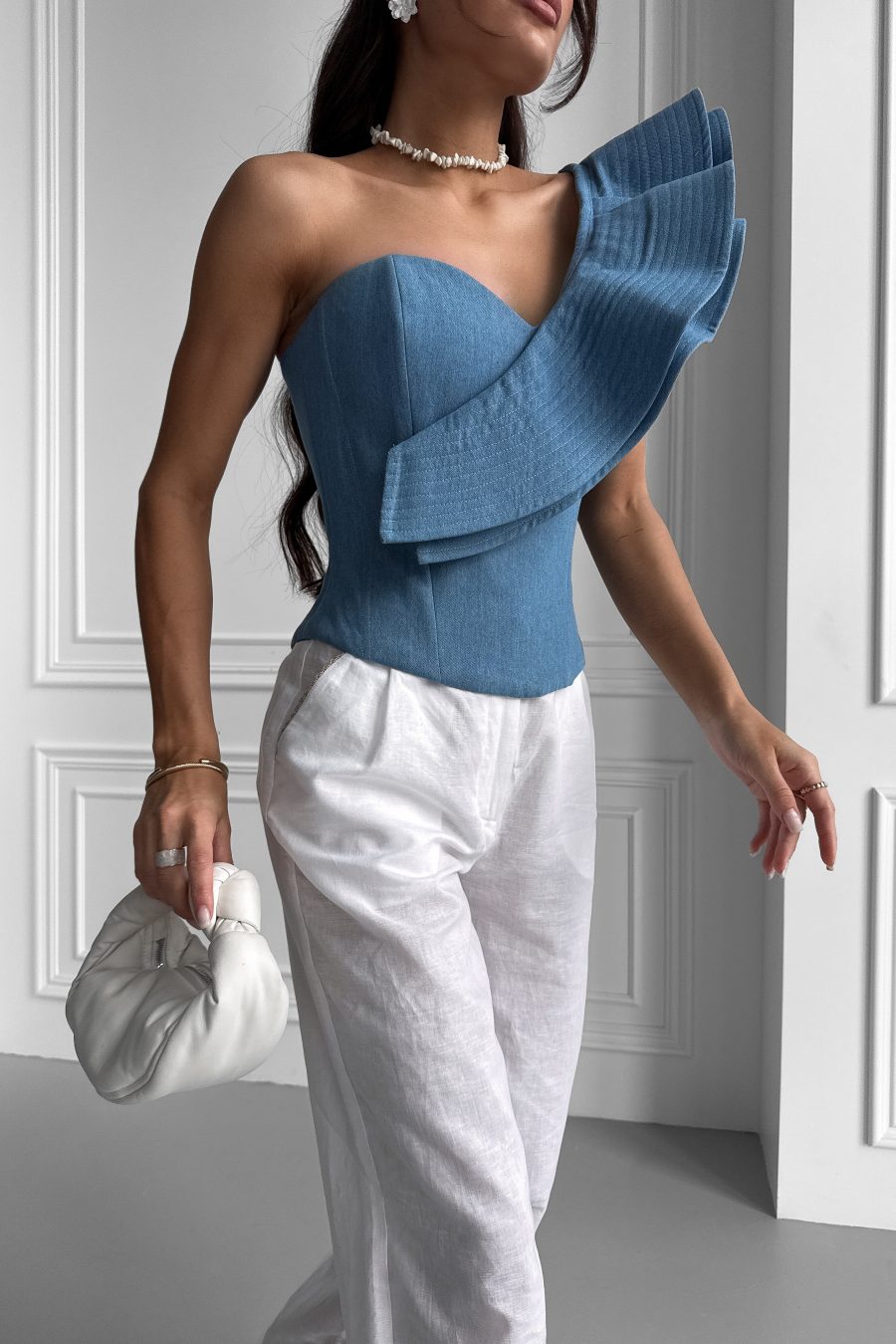 Denim Corset with Lace-Up, One Shoulder Ruffle