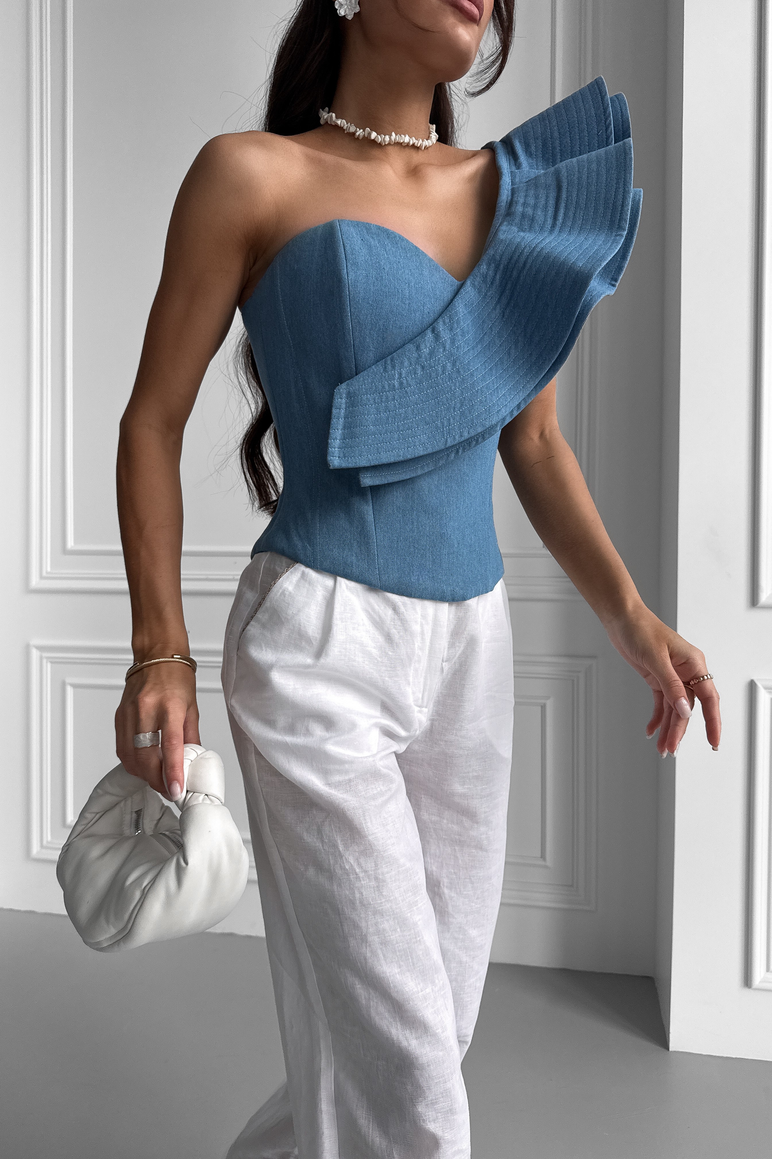 IMG_1015-2 Denim Corset with Lace-Up, One Shoulder Ruffle