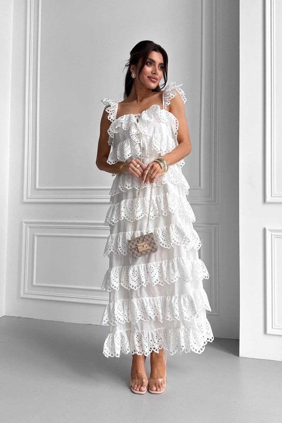 Cotton long sarafan with wings, with frills and embroidery