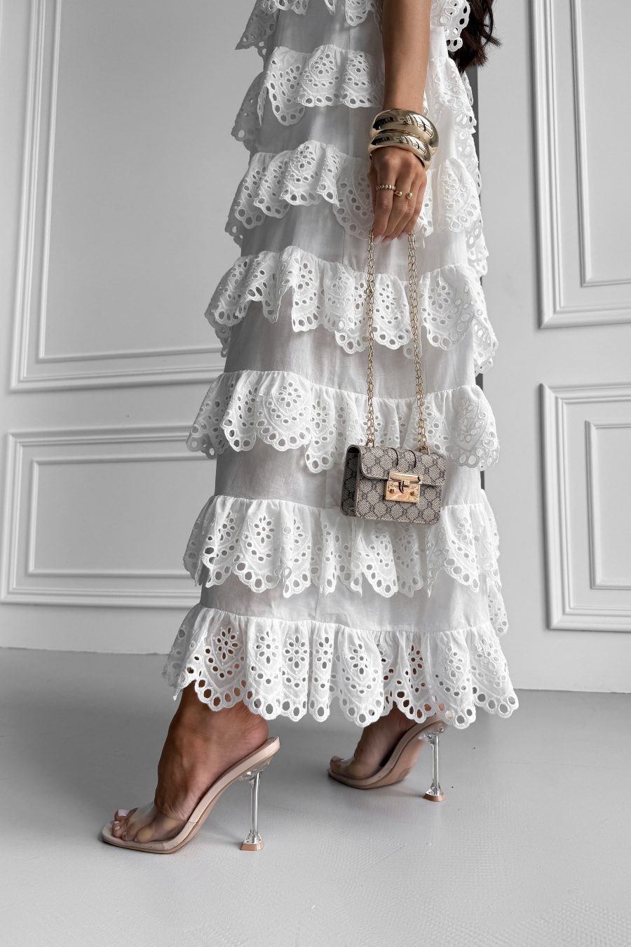 Cotton long sarafan with wings, with frills and embroidery