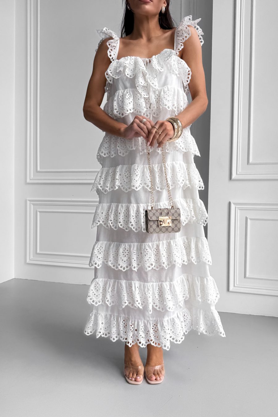 Cotton long sarafan with wings, with frills and embroidery