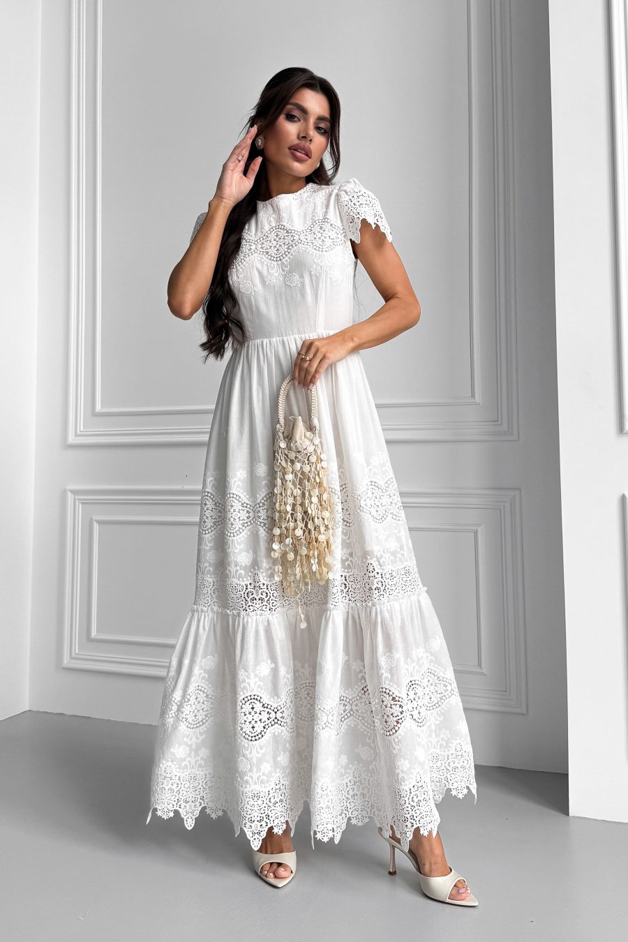 Cotton long dress with roman embroidery
