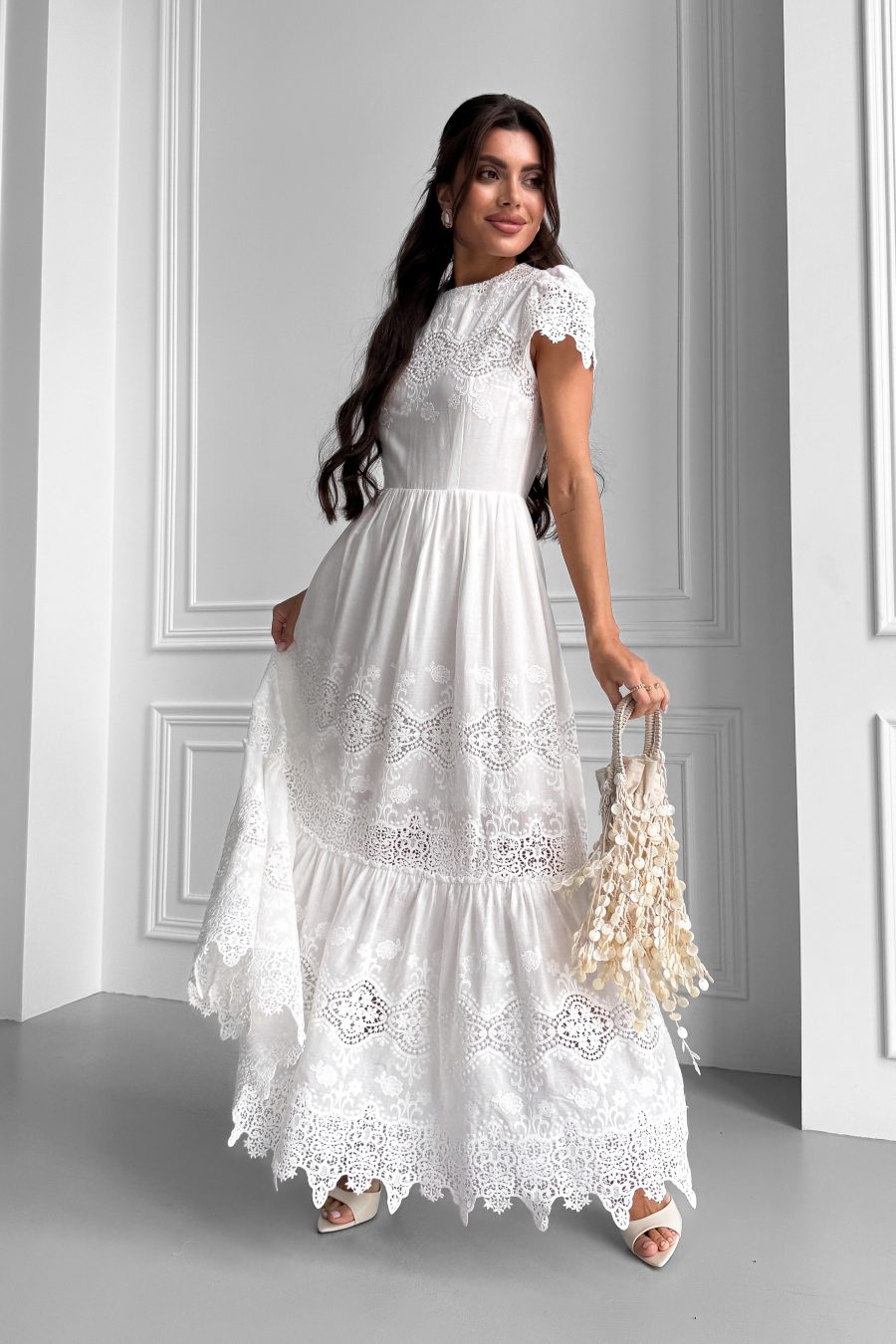 Cotton long dress with roman embroidery