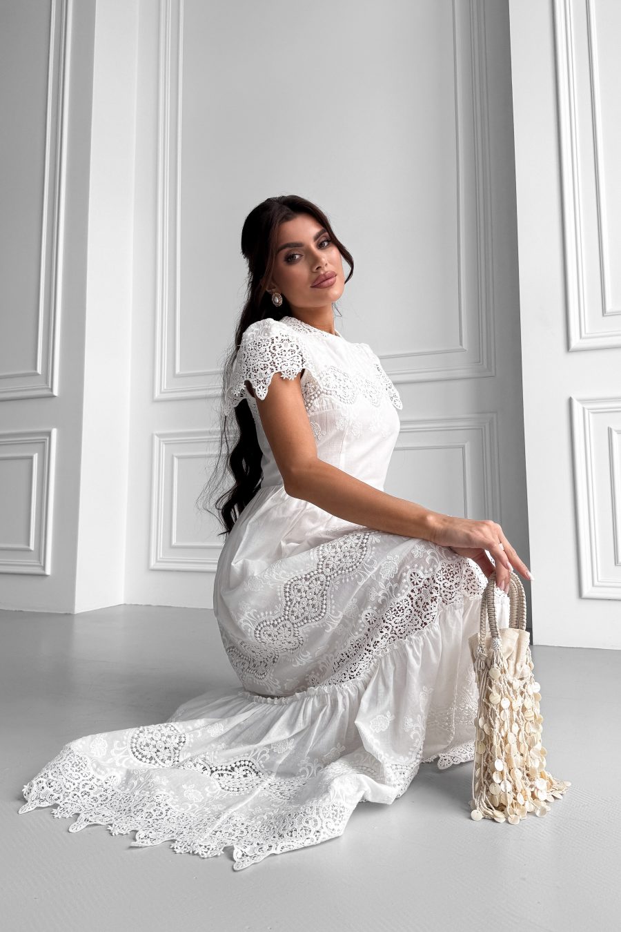 Cotton long dress with roman embroidery