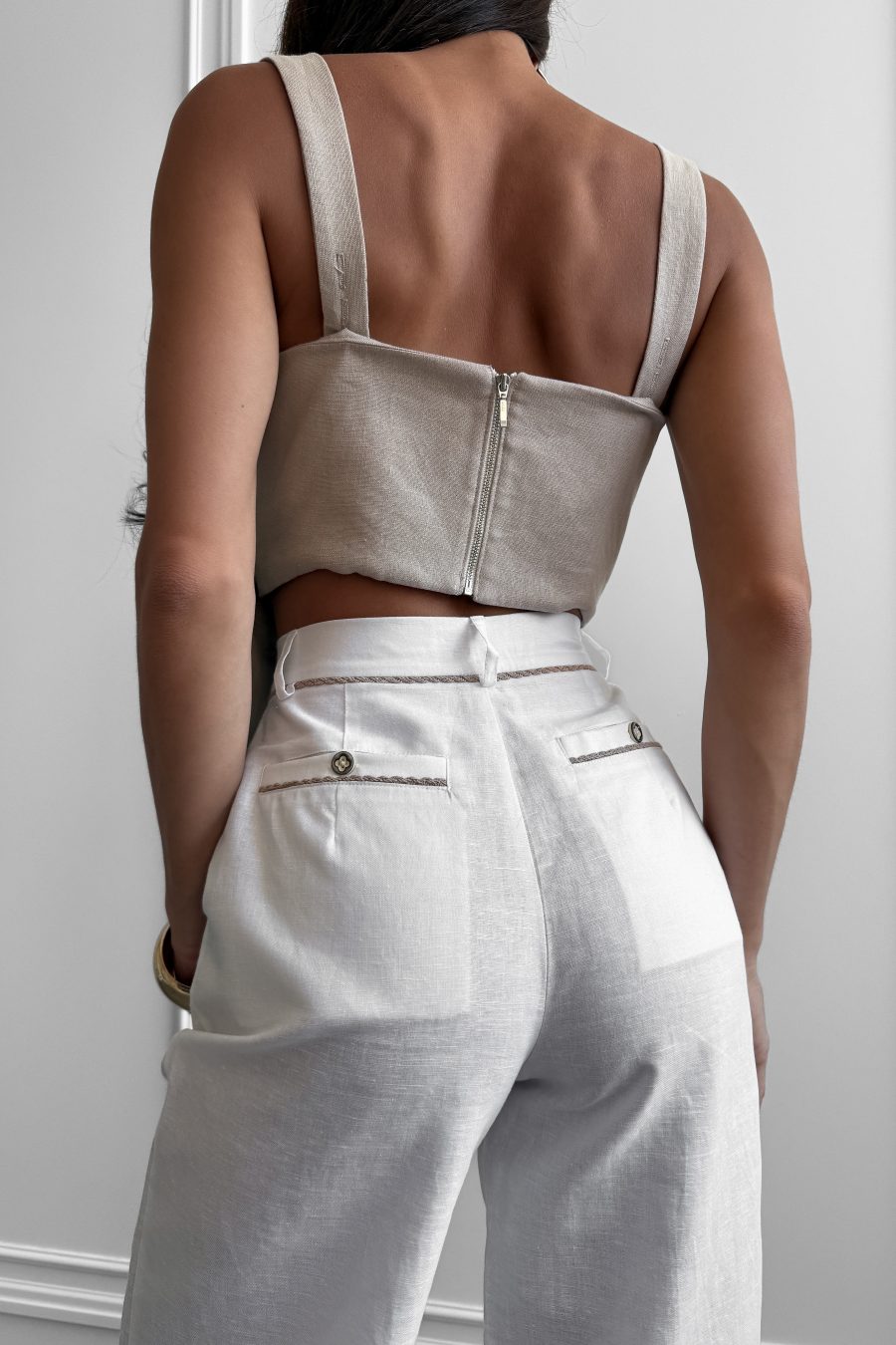 Linen straight long trousers with pockets, with beige piping