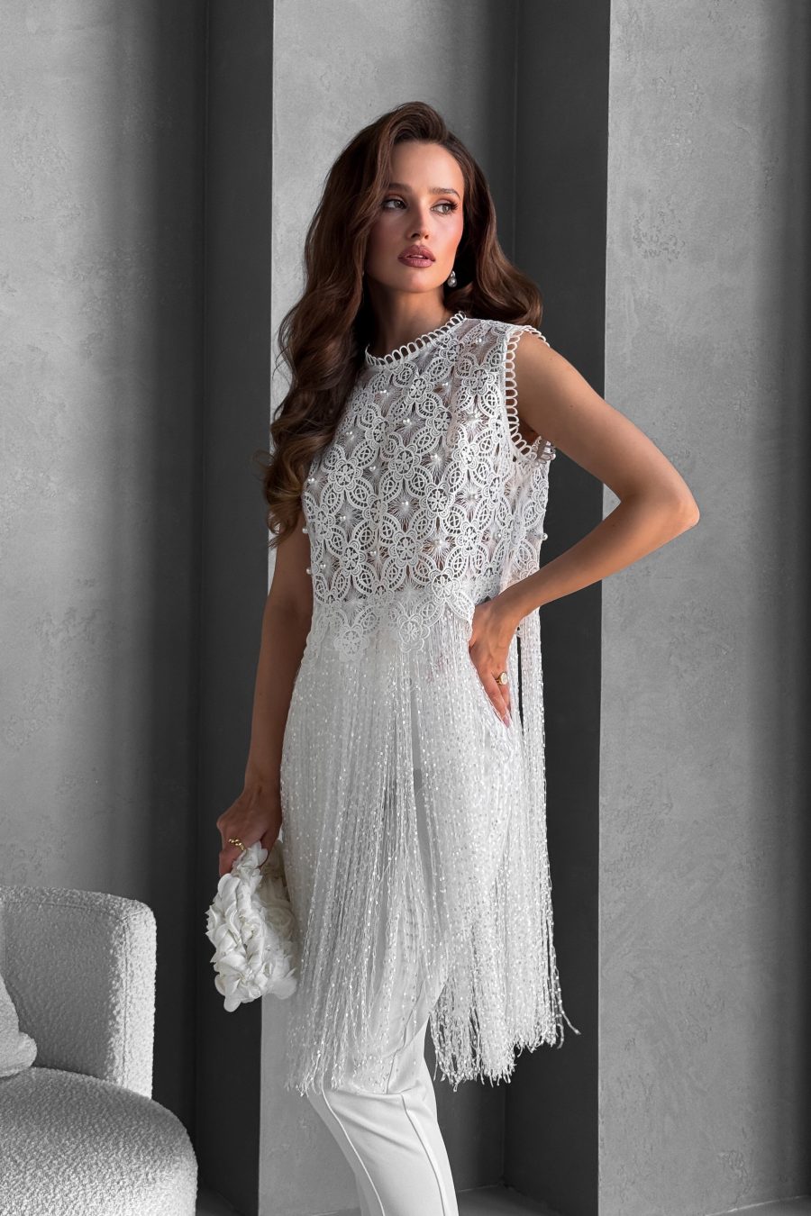 Lace crop top with pearls, with designer fringe