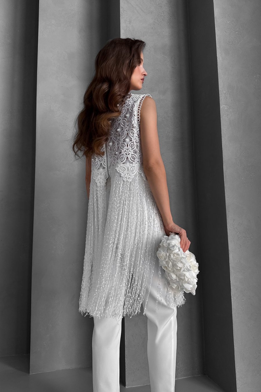 Lace crop top with pearls, with designer fringe